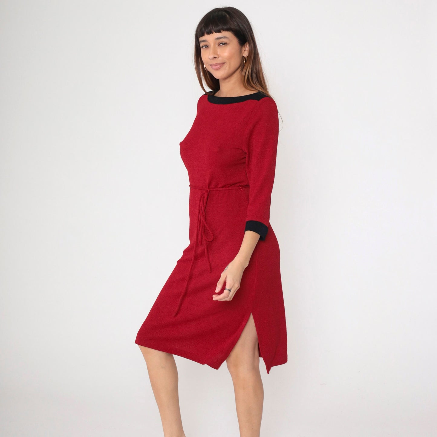 90s Red Shift Dress Boat Neck Black Trim Tie Belt Three-Quarter Sleeve Small Medium