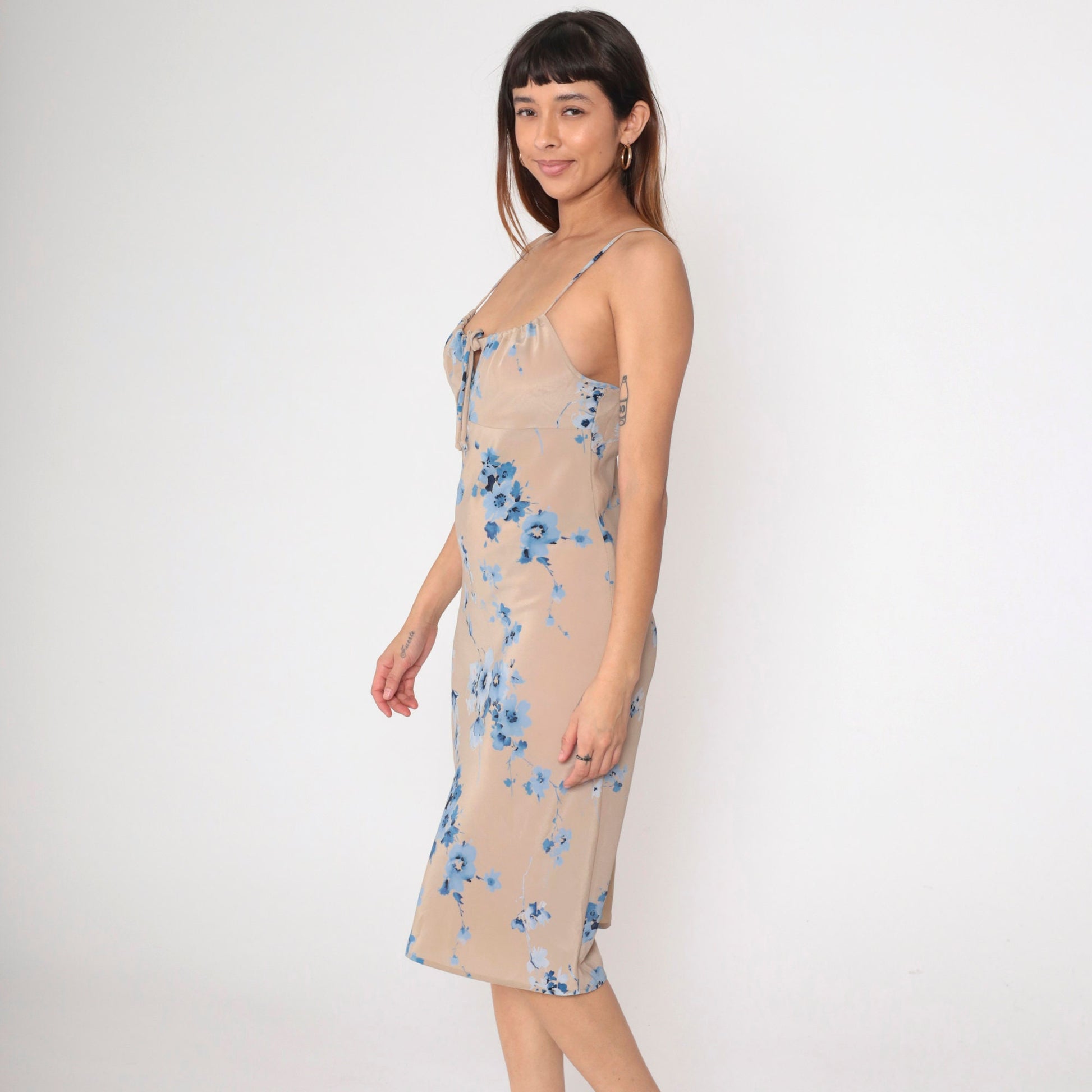 Y2K Charlotte Russe Floral Midi Sundress Taupe Blue Empire Waist Small