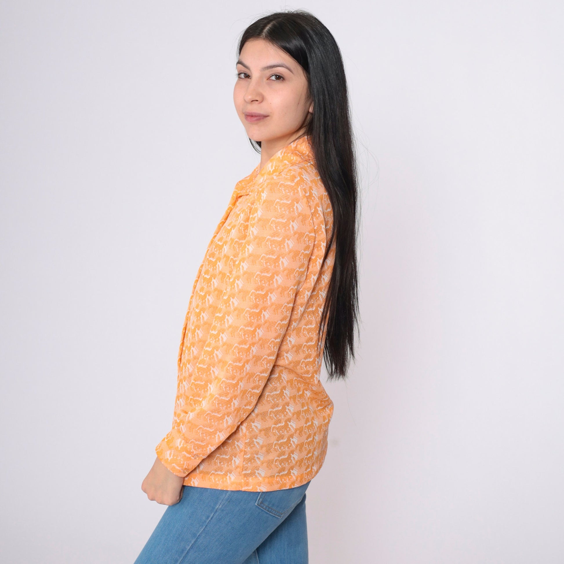 70s Horse Print Orange Button-Up Blouse Long Sleeve Psychedelic Shirt Medium