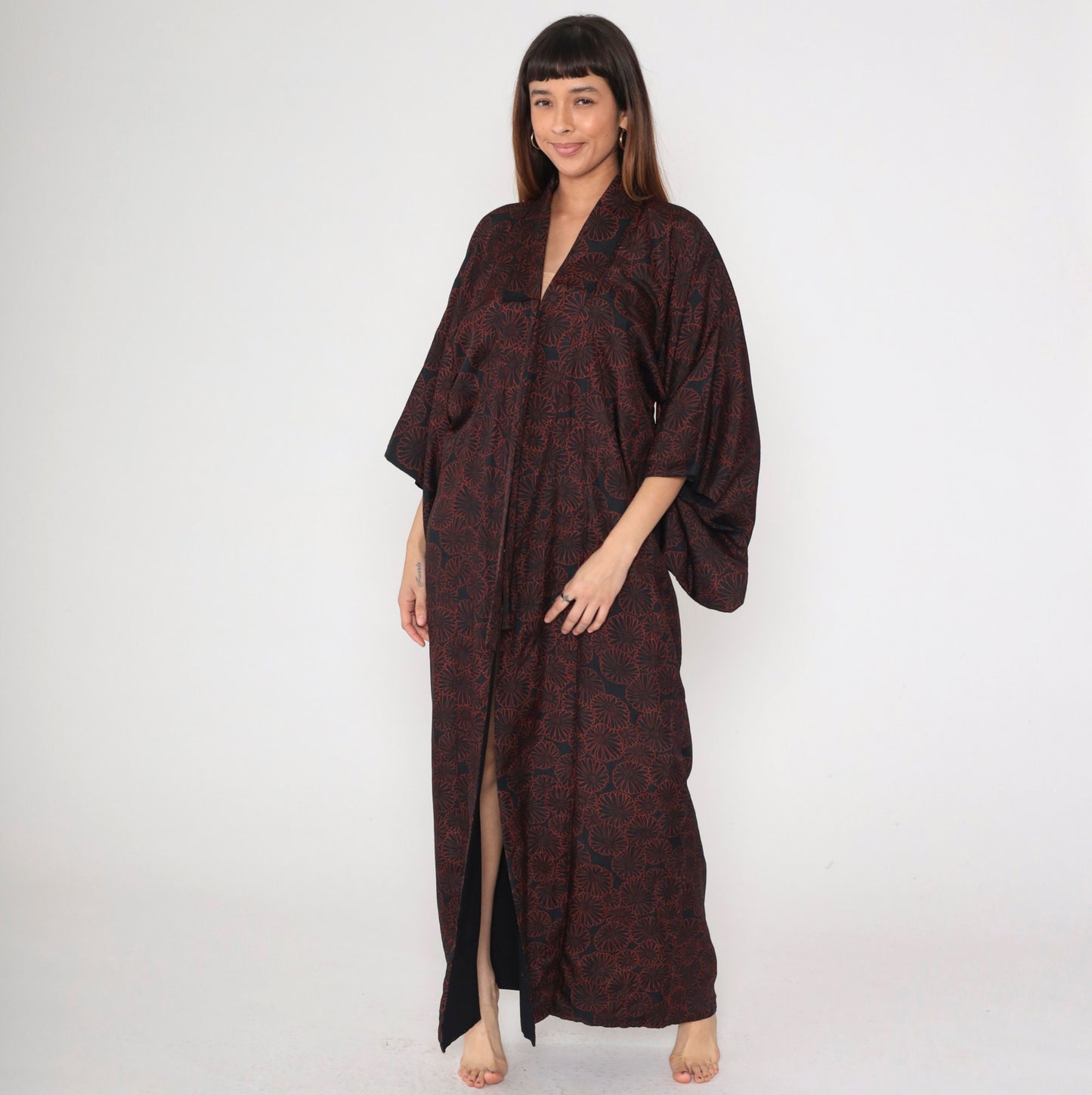 60s Black Kimono Robe Red Floral Print Full Length Maxi Large L
