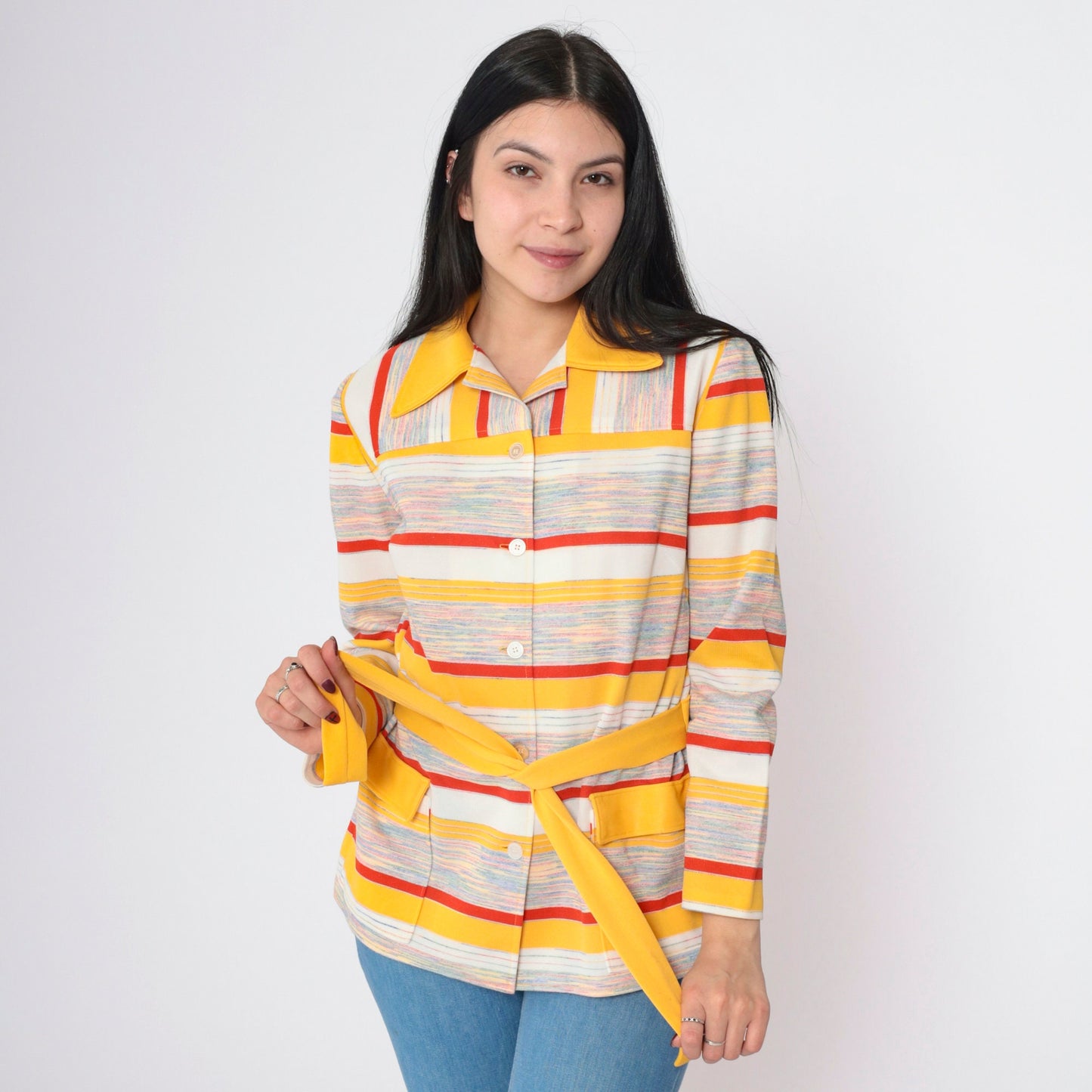 70s Yellow Red Striped Button-Up Blouse Pointed Collar Long Sleeve Small