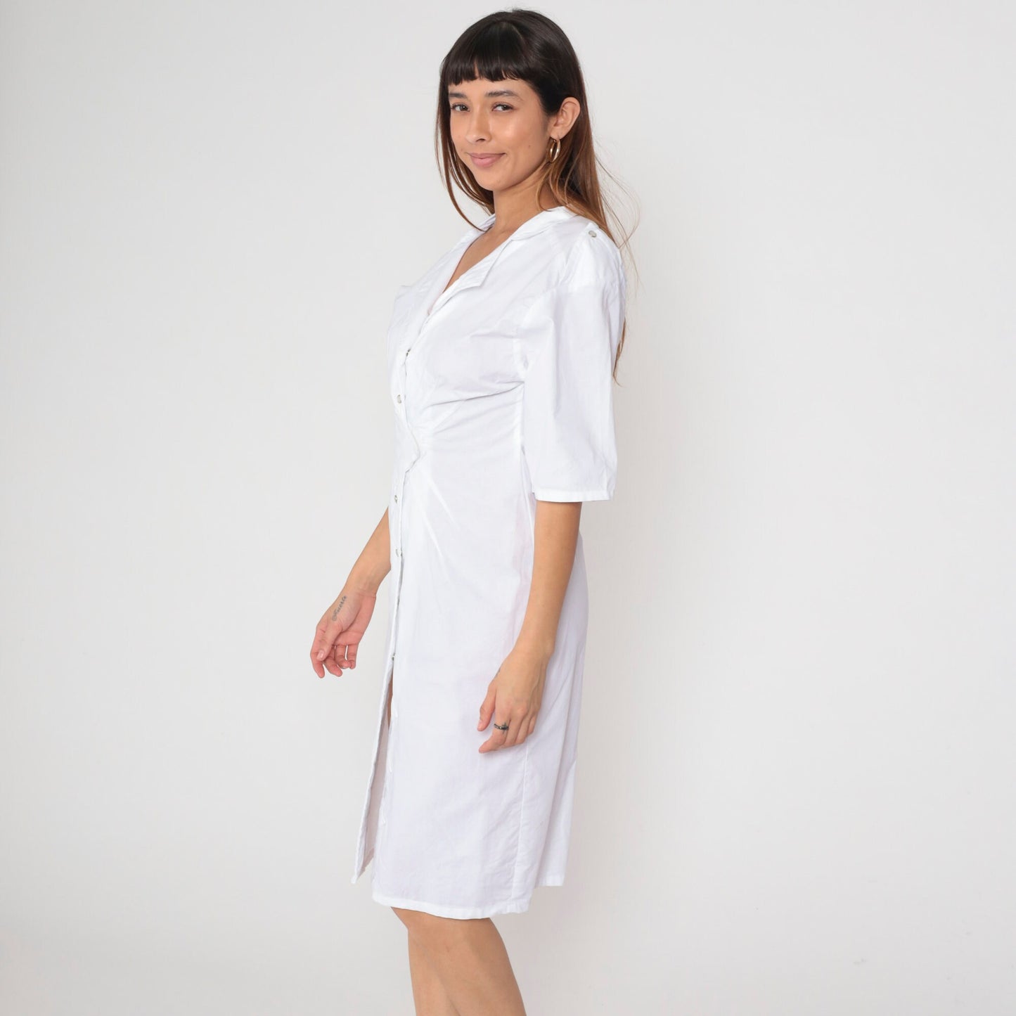 80s White Cotton Midi Dress Notched Collar Pearl Snap Diamond Inset Small
