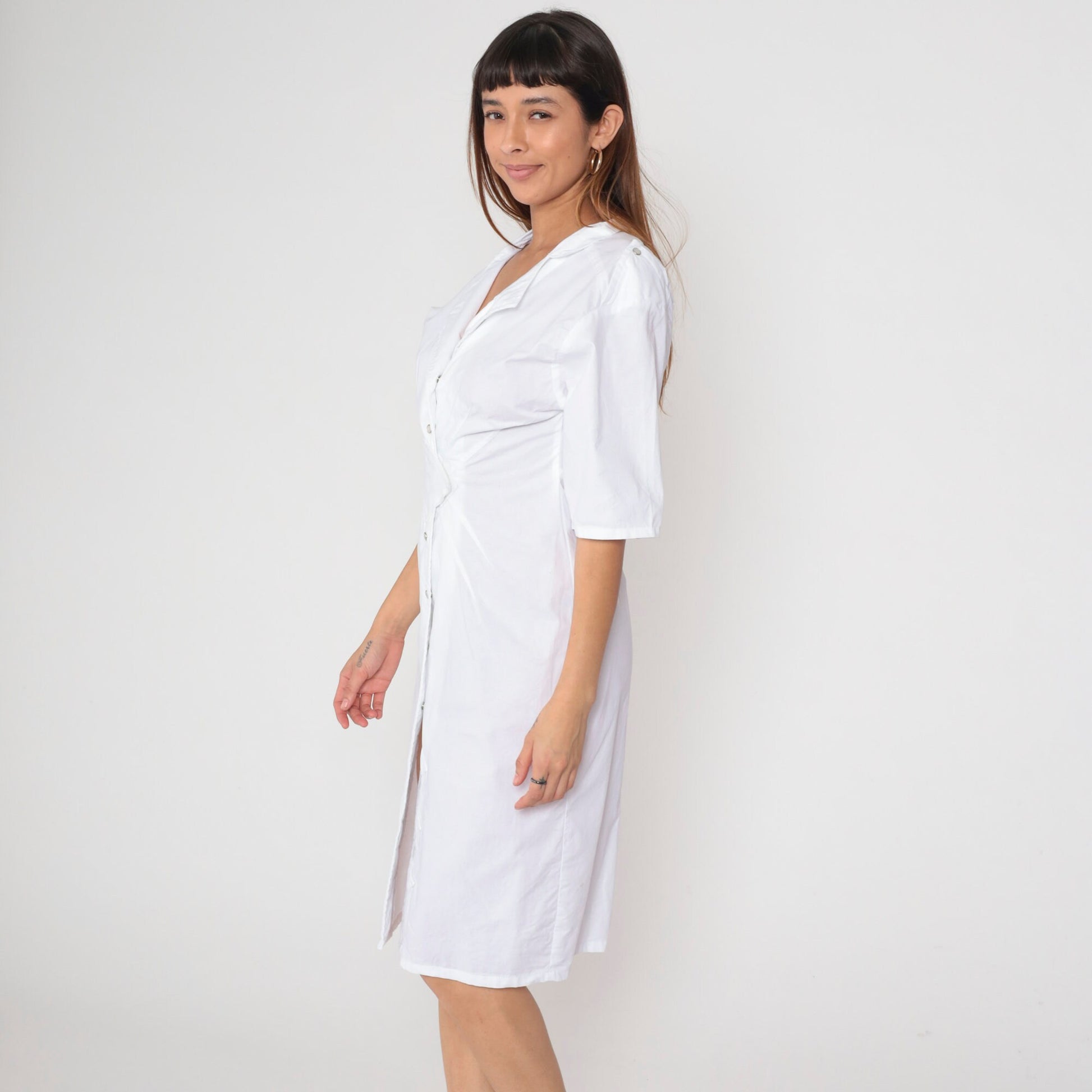 80s White Cotton Midi Dress Notched Collar Pearl Snap Diamond Inset Small