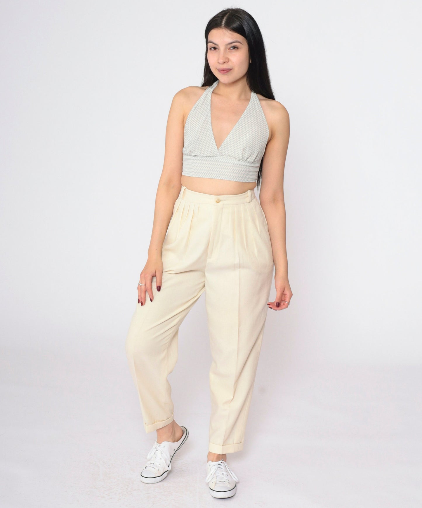 80s Cream Pleated High-Waist Trousers Tapered Leg Small S