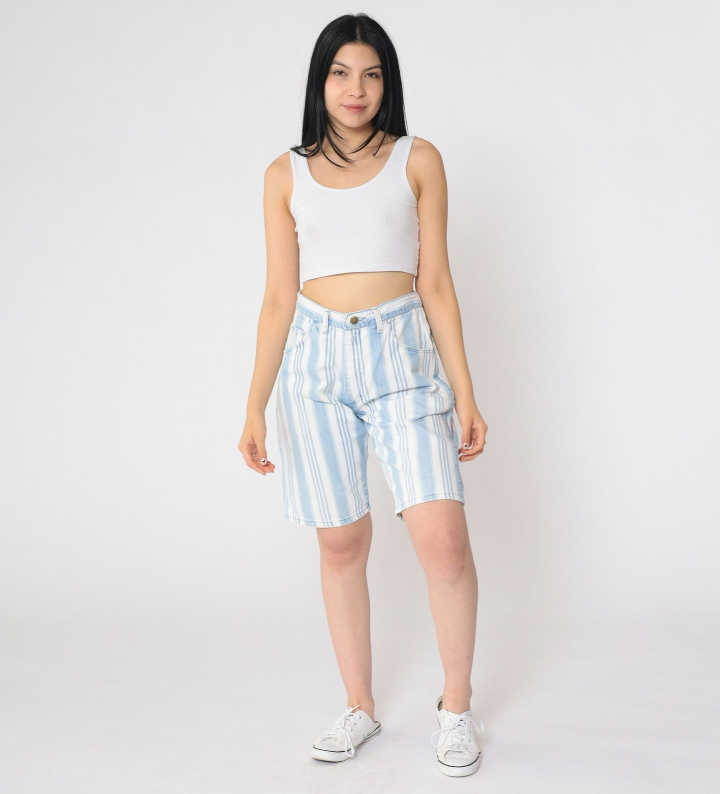90s Wrangler Striped Denim Shorts High Waist Light Blue White Medium 31