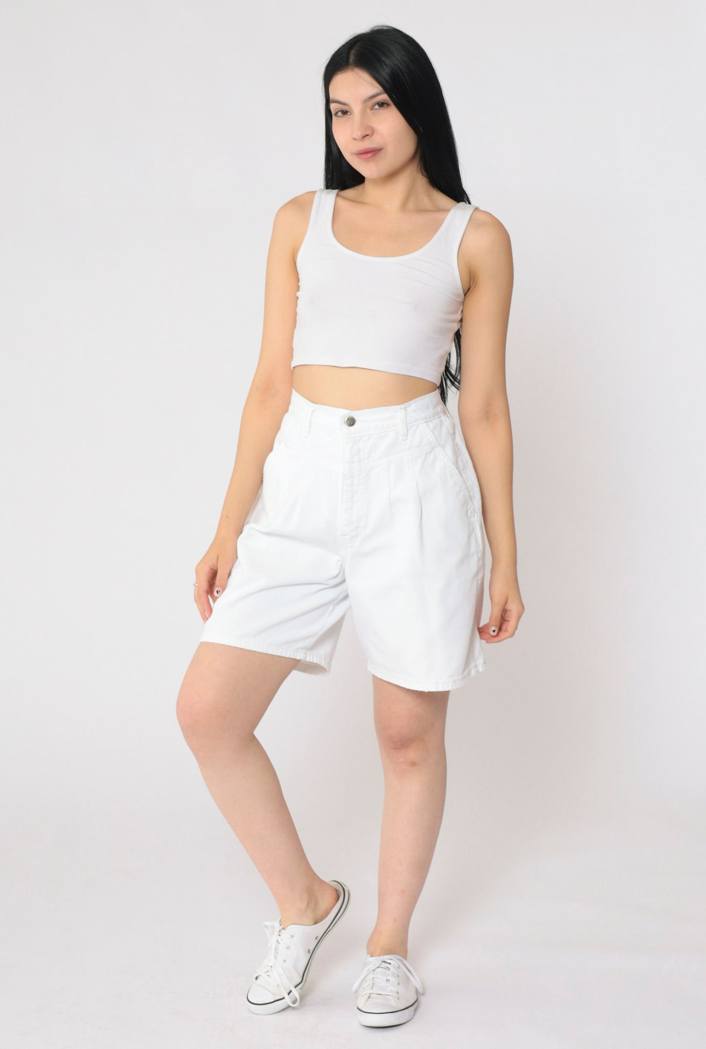 90s White Denim Shorts High Waisted Pleated Jean Shorts Medium