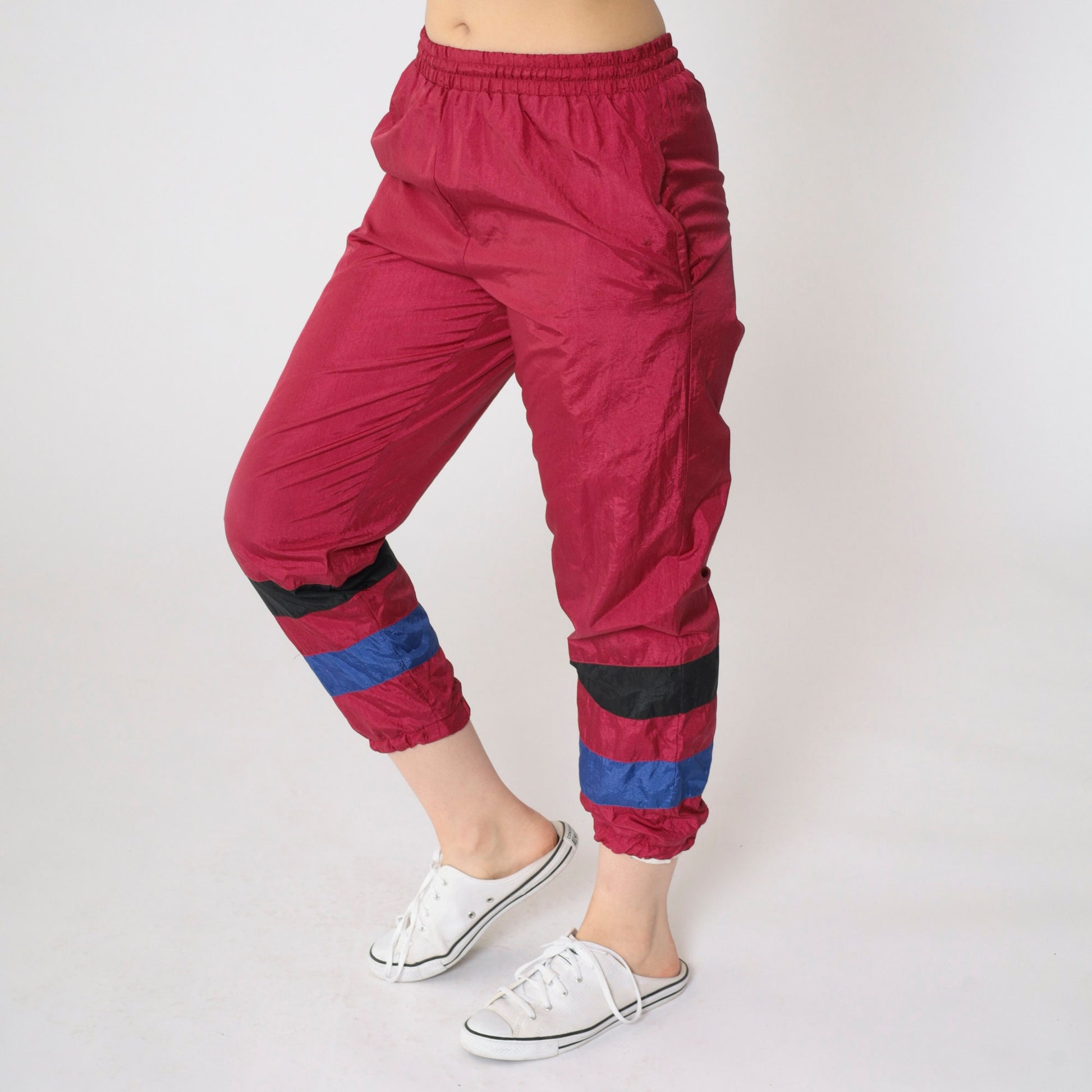 90s Raspberry Nylon Track Pants Striped Kids Medium