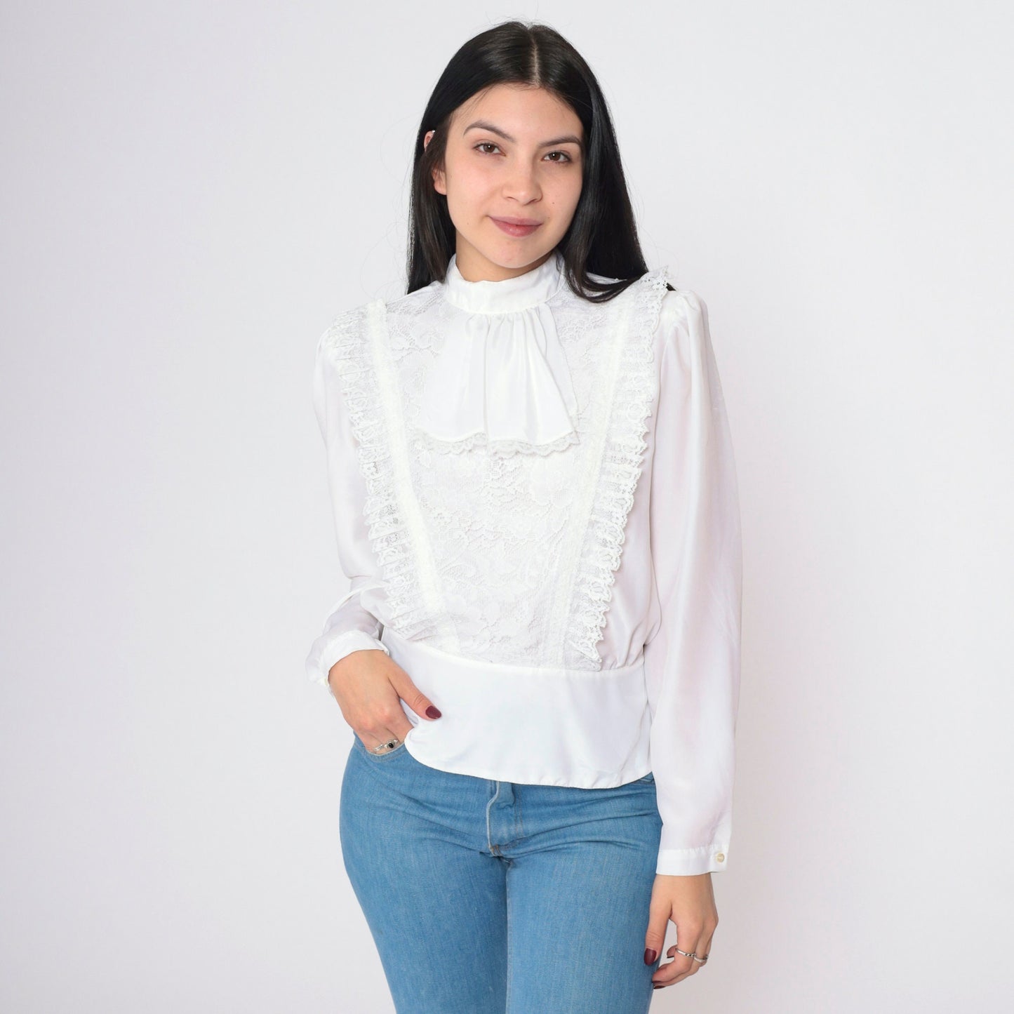 80s White Lace Jabot Blouse Puff Sleeve Button Back Shirt Small