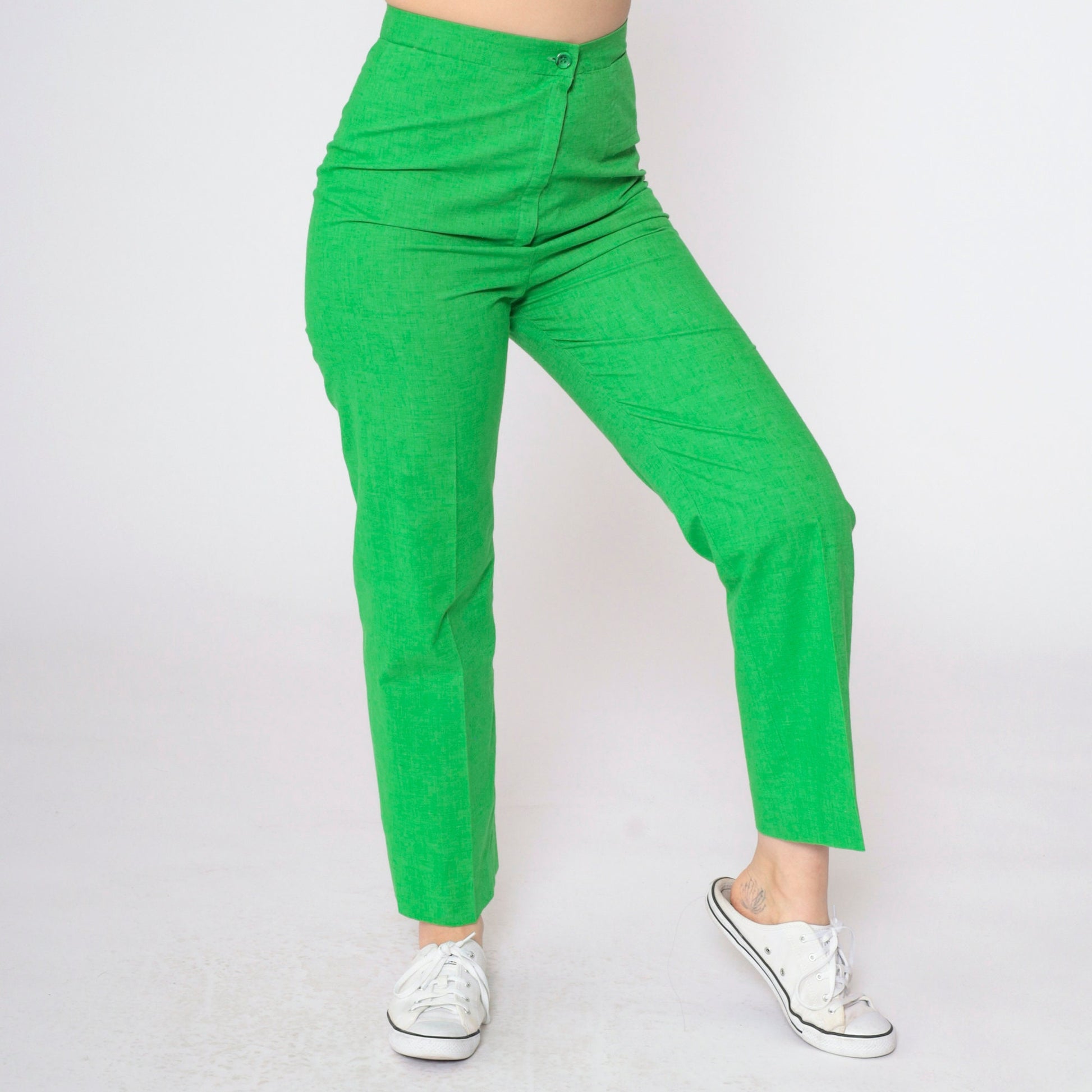 70s Lime Green Straight Leg Trousers High Rise Cotton Blend Small