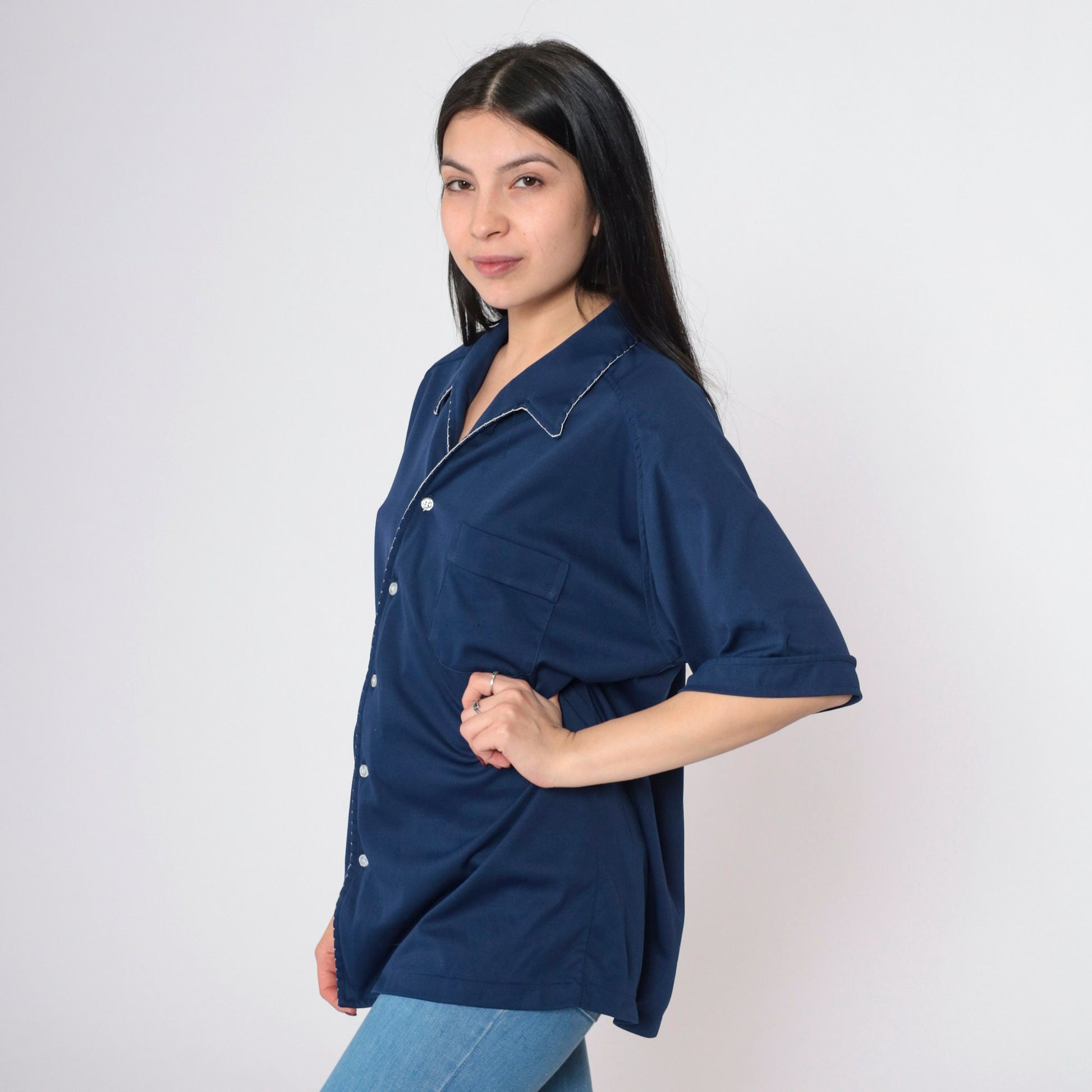70s Navy Button Up Shirt White Scalloped Trim Short Sleeve Extra Large