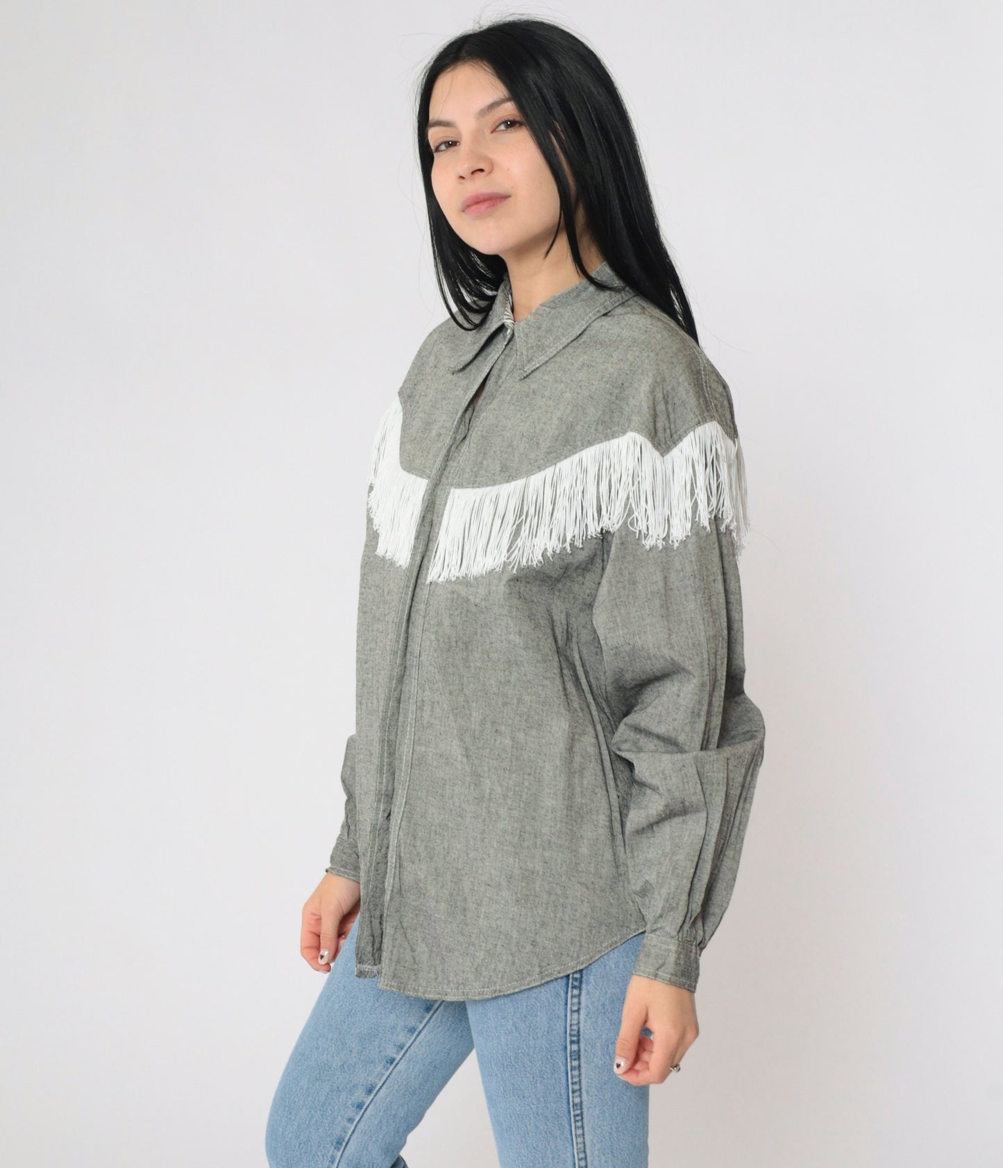 90s Lillie Rubin Western Fringe Shirt Grey Cotton Button-Up Large L