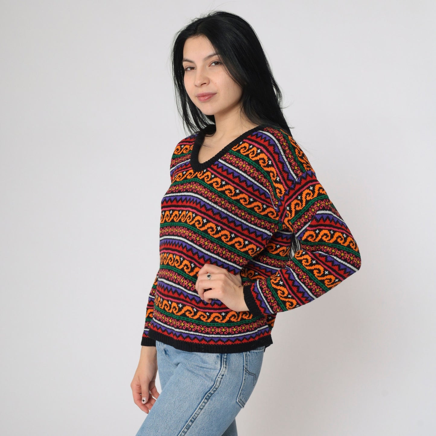90s Geometric Floral Knit Sweater Black Orange V-Neck Pullover Medium M
