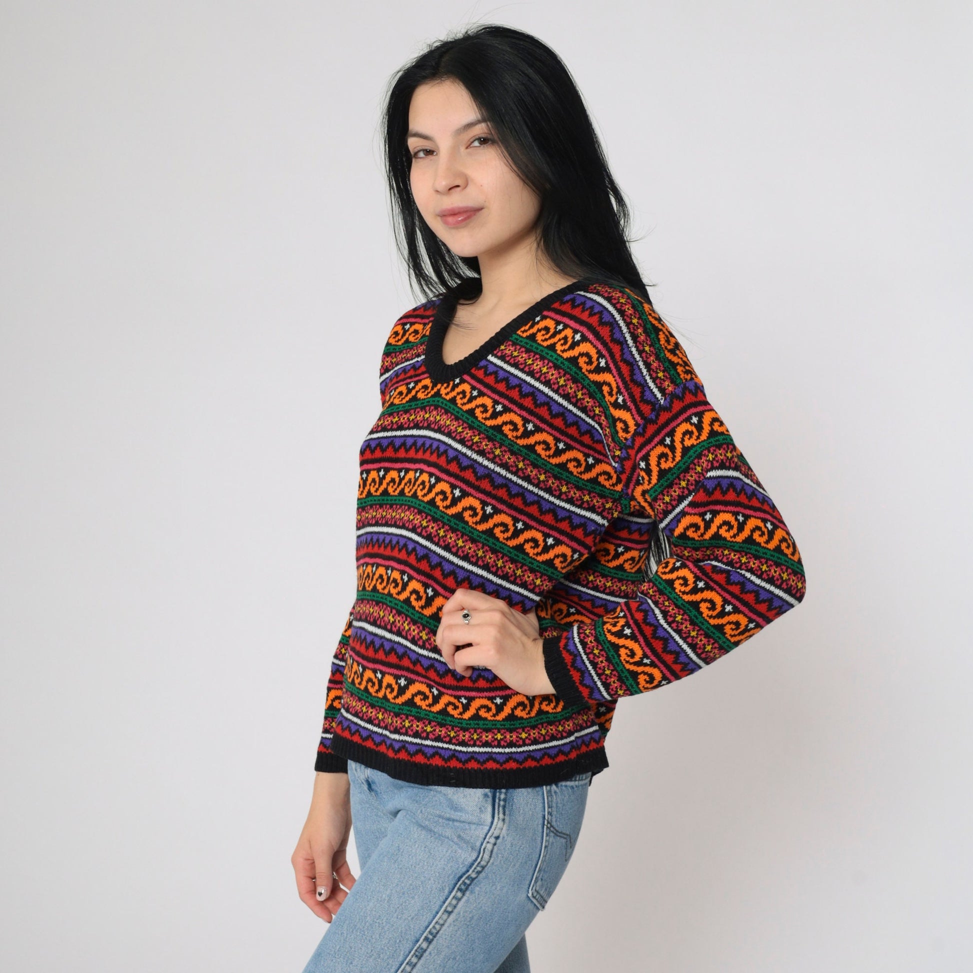 90s Geometric Floral Knit Sweater Black Orange V-Neck Pullover Medium M