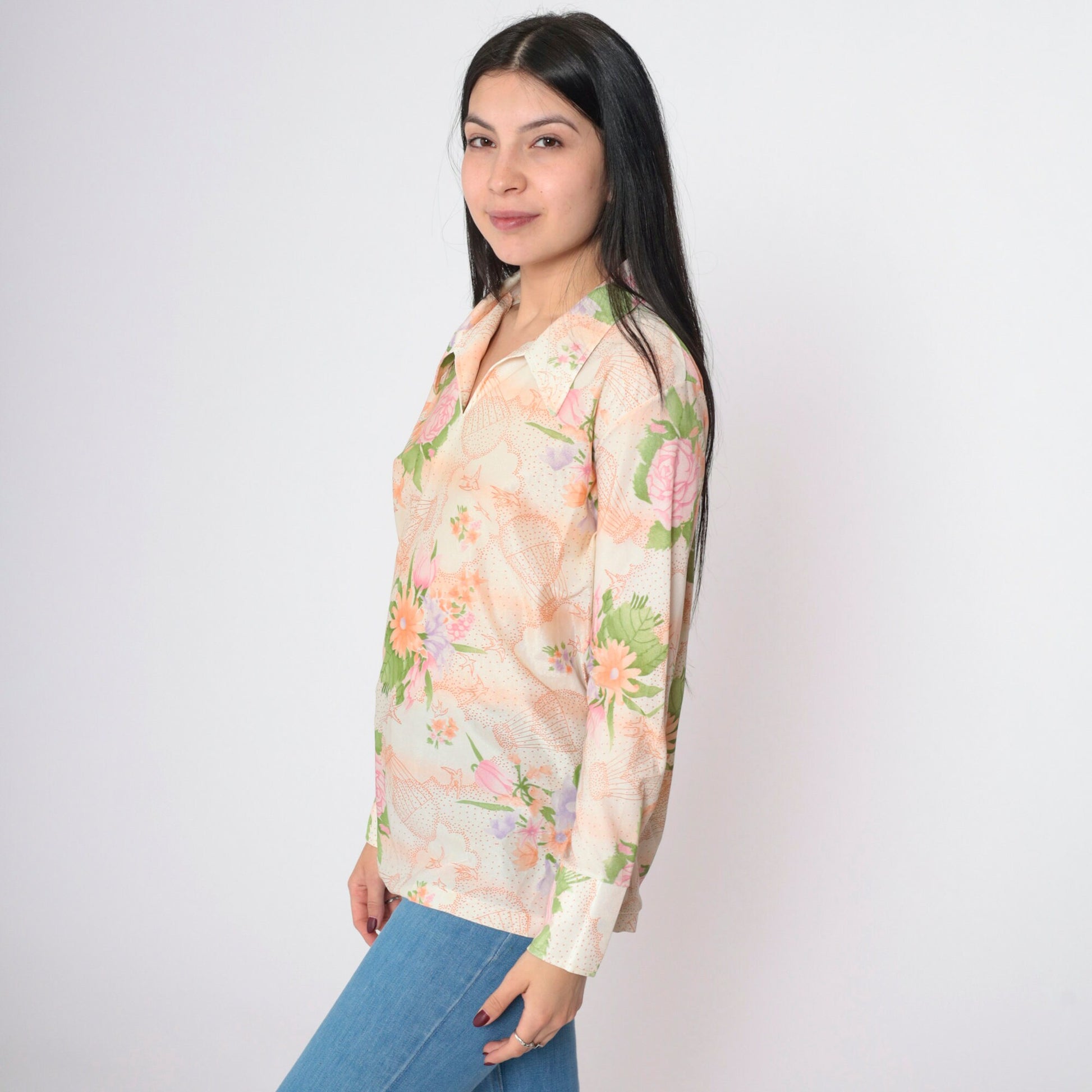 70s Pastel Bird Hot Air Balloon Floral Blouse Pointed Collar Long Sleeve Medium