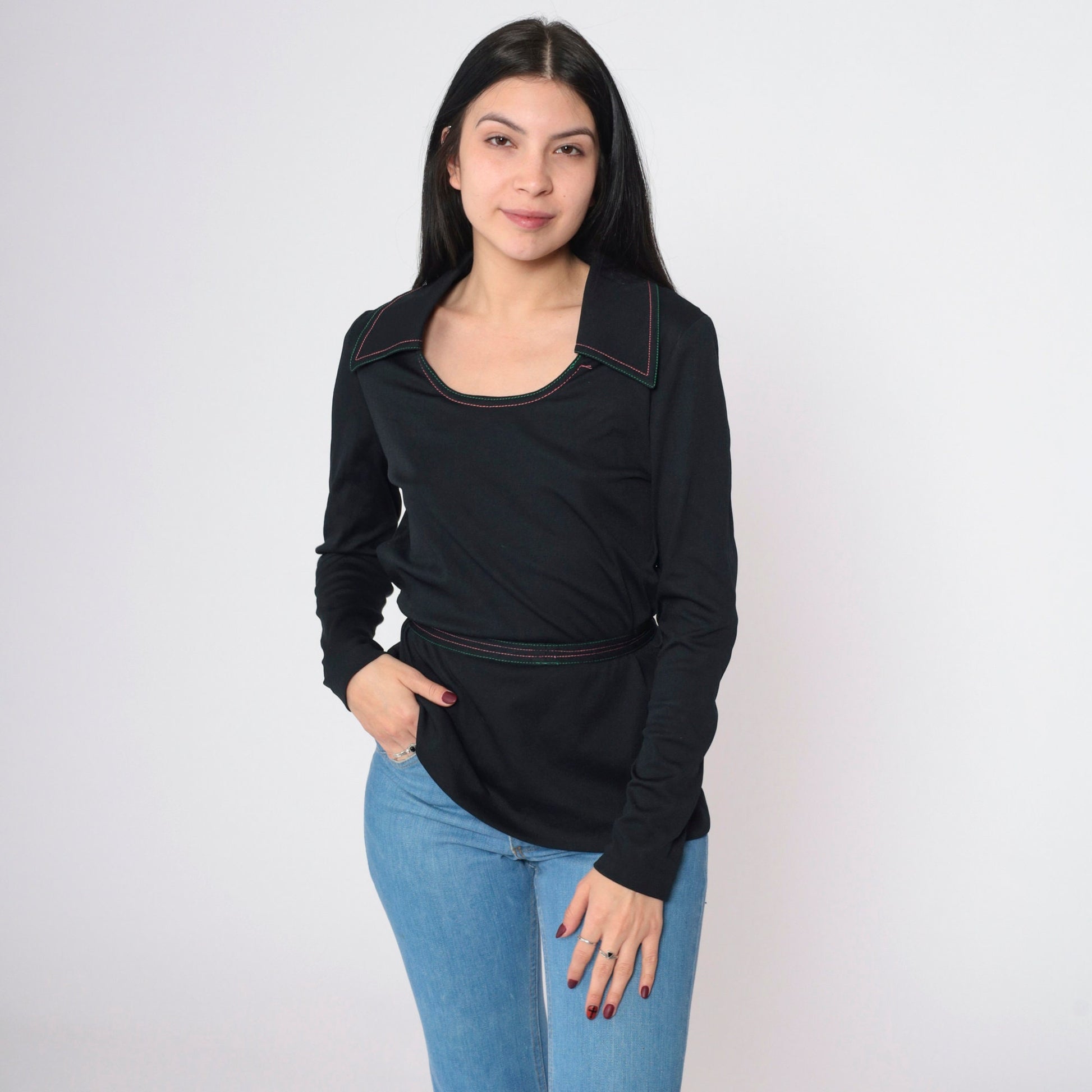 70s Black Long Sleeve Blouse Wide Collar Contrast Stitching Tie Belt Small