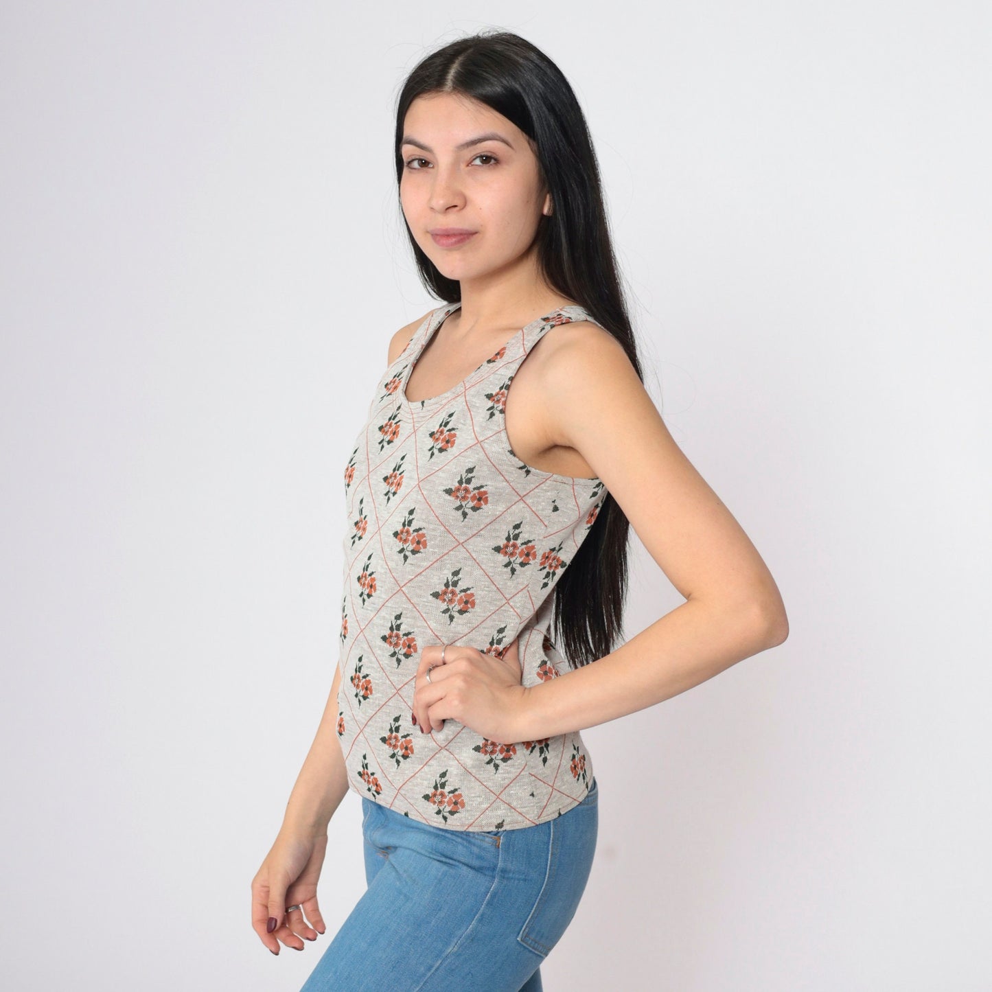 70s Floral Tank Top Scoop Neck Sleeveless Blouse Beige Orange Green Extra Small