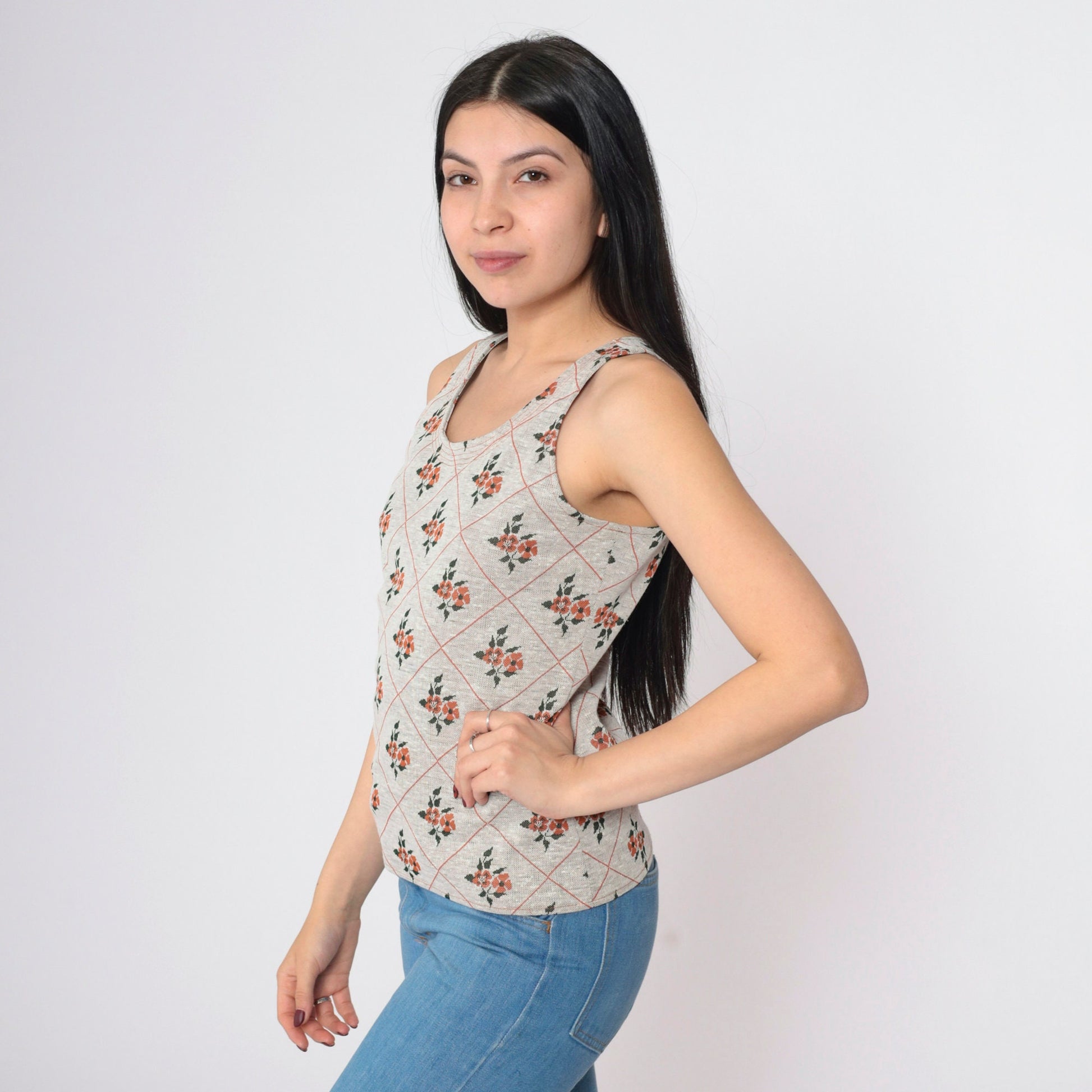 70s Floral Tank Top Scoop Neck Sleeveless Blouse Beige Orange Green Extra Small