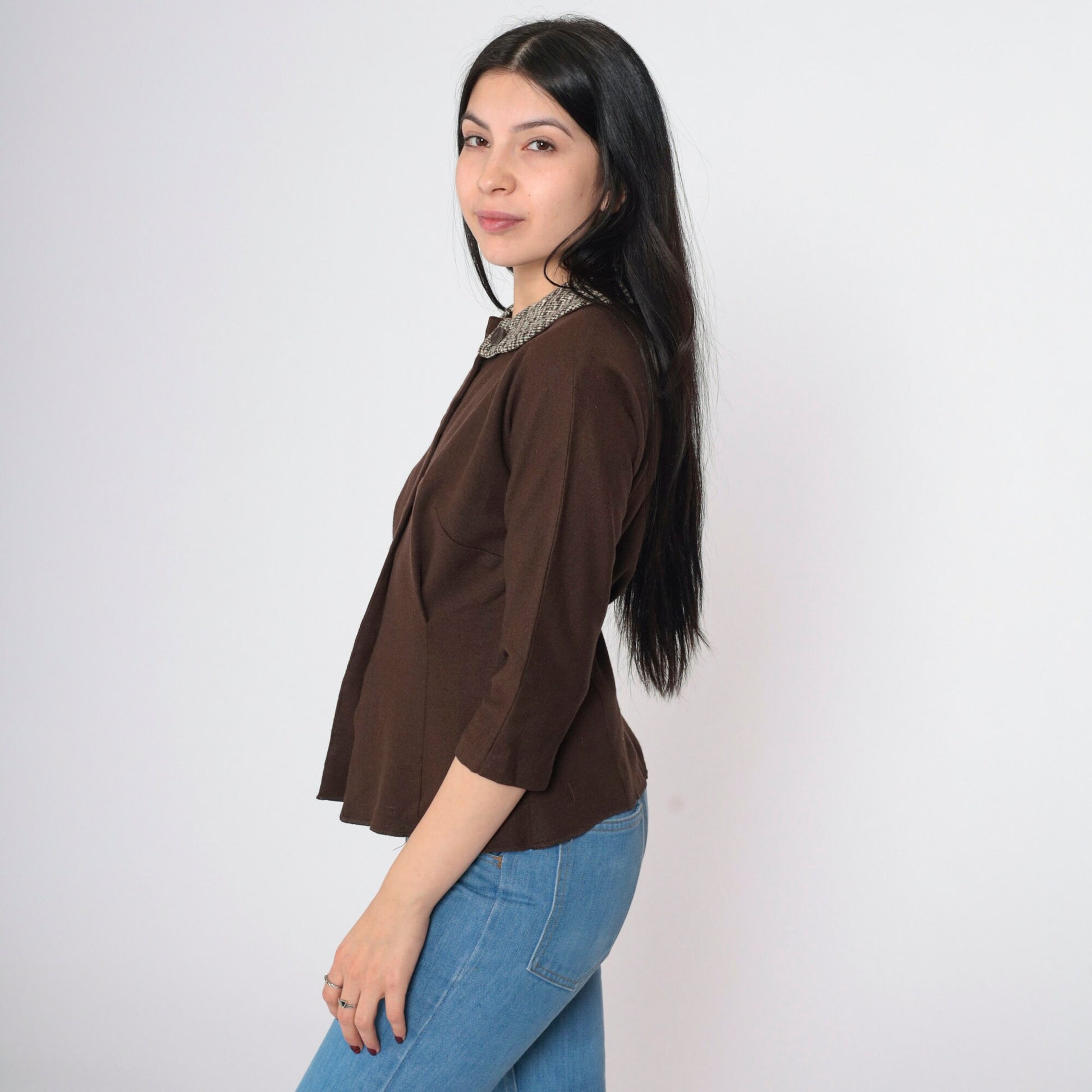 60s Brown Wool Blend Knit Collar Button-Up Top 3/4 Sleeve Small