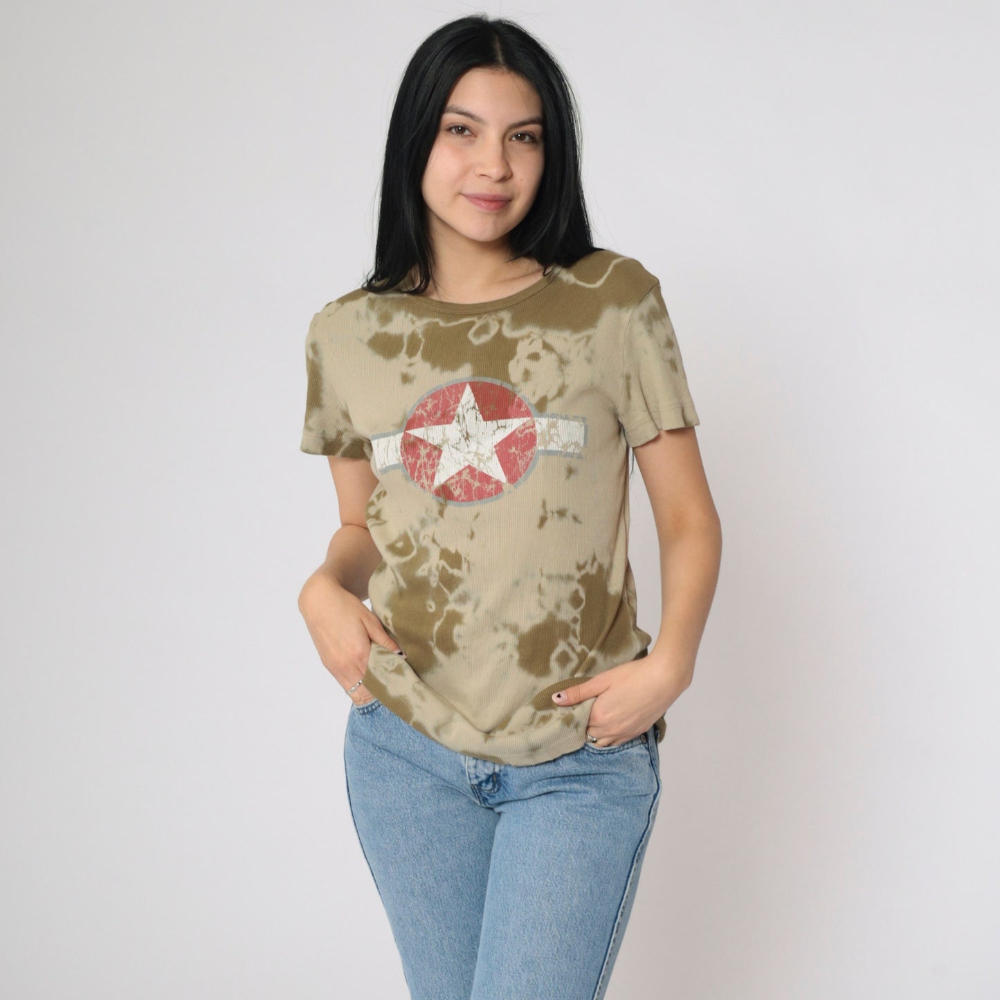 Y2K Sledge USA Star Emblem Tie-Dye Graphic Tee Olive Khaki Large L