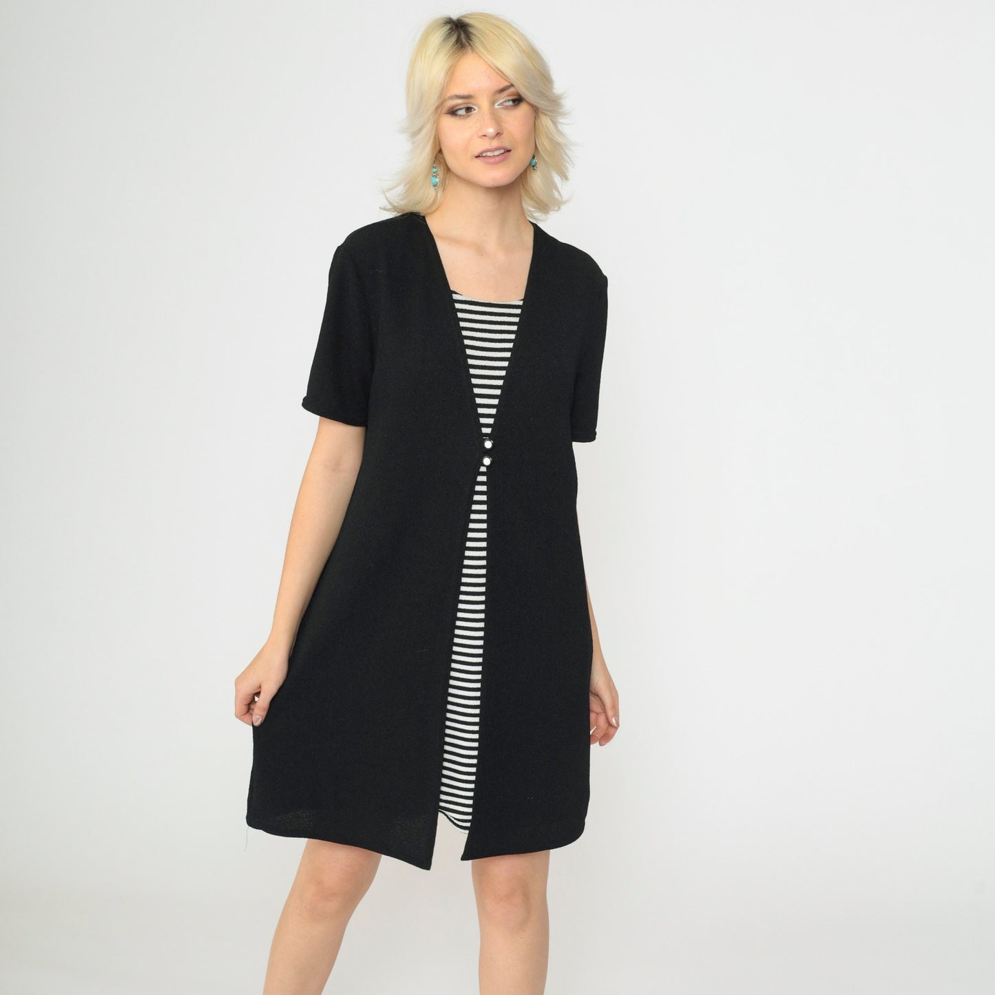 90s Black Striped Knit Dress Button Front V-Neck Short Sleeve Medium