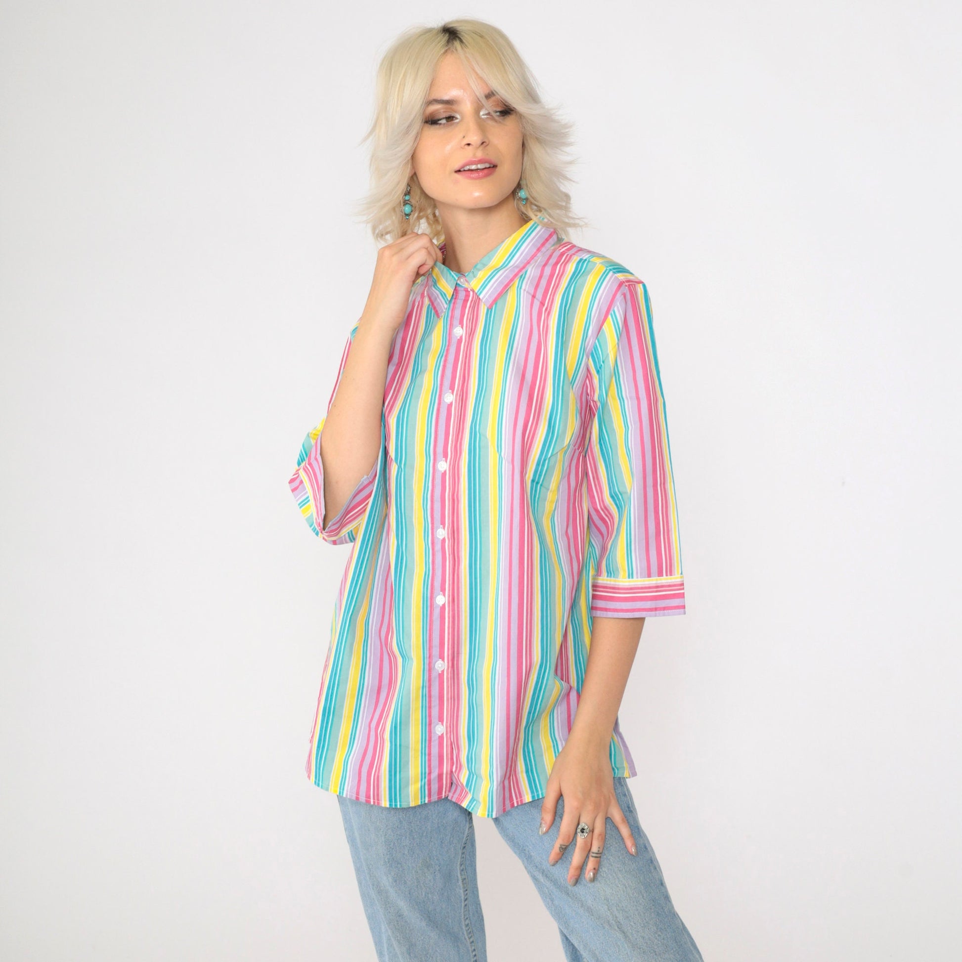 00s Striped Button Up Blouse Multicolor Rainbow Y2K Shirt Medium