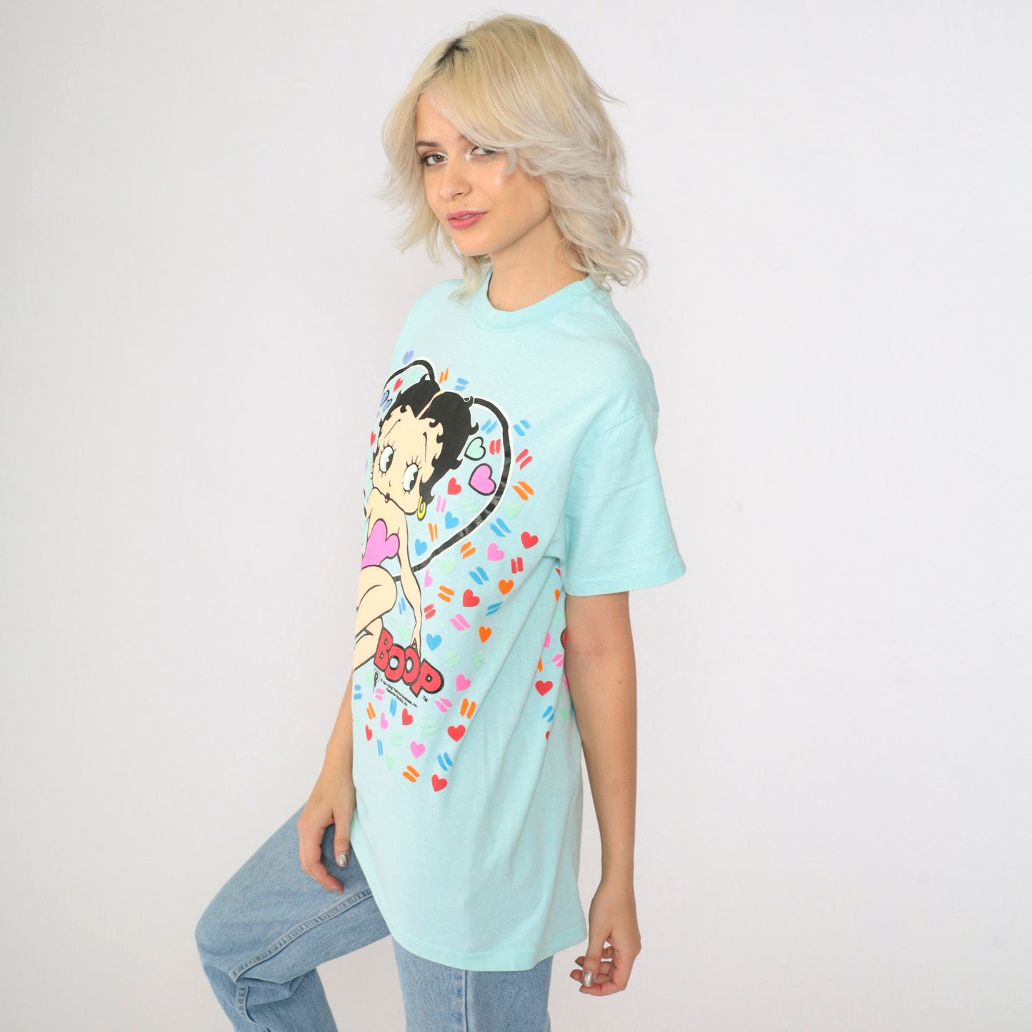 90s Betty Boop Heart Graphic T-Shirt Aqua Single Stitch Medium