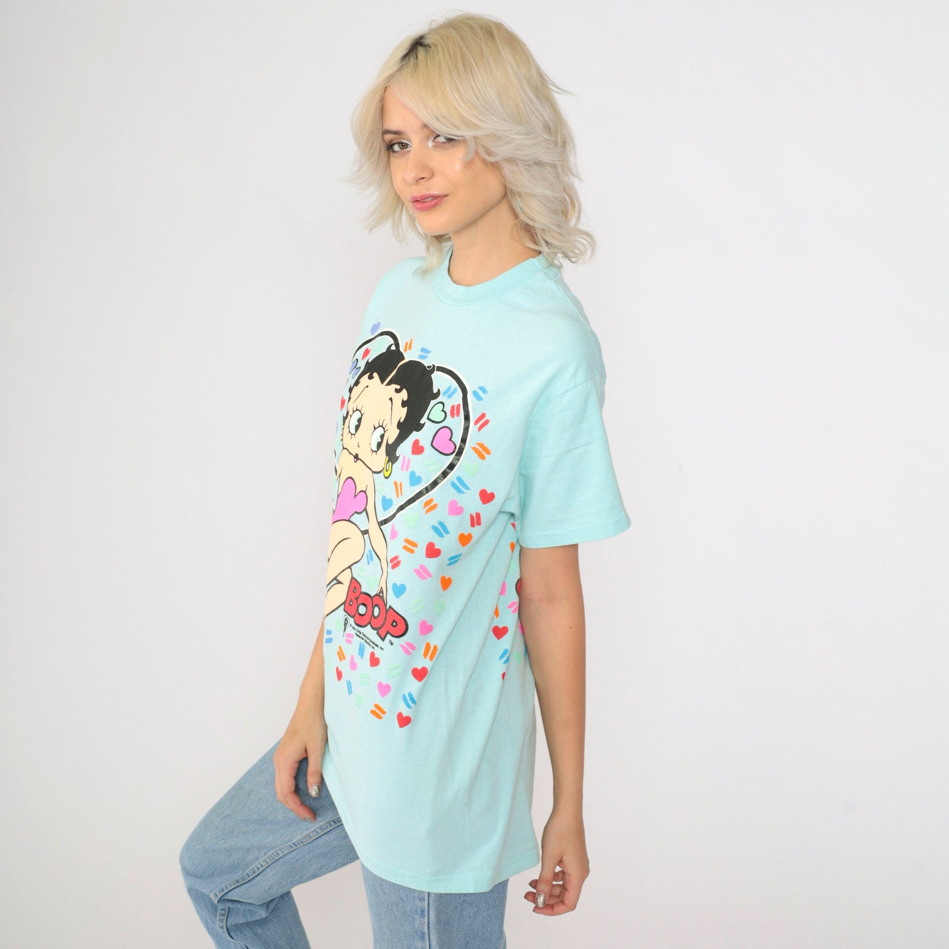 90s Betty Boop Heart Graphic T-Shirt Aqua Single Stitch Medium
