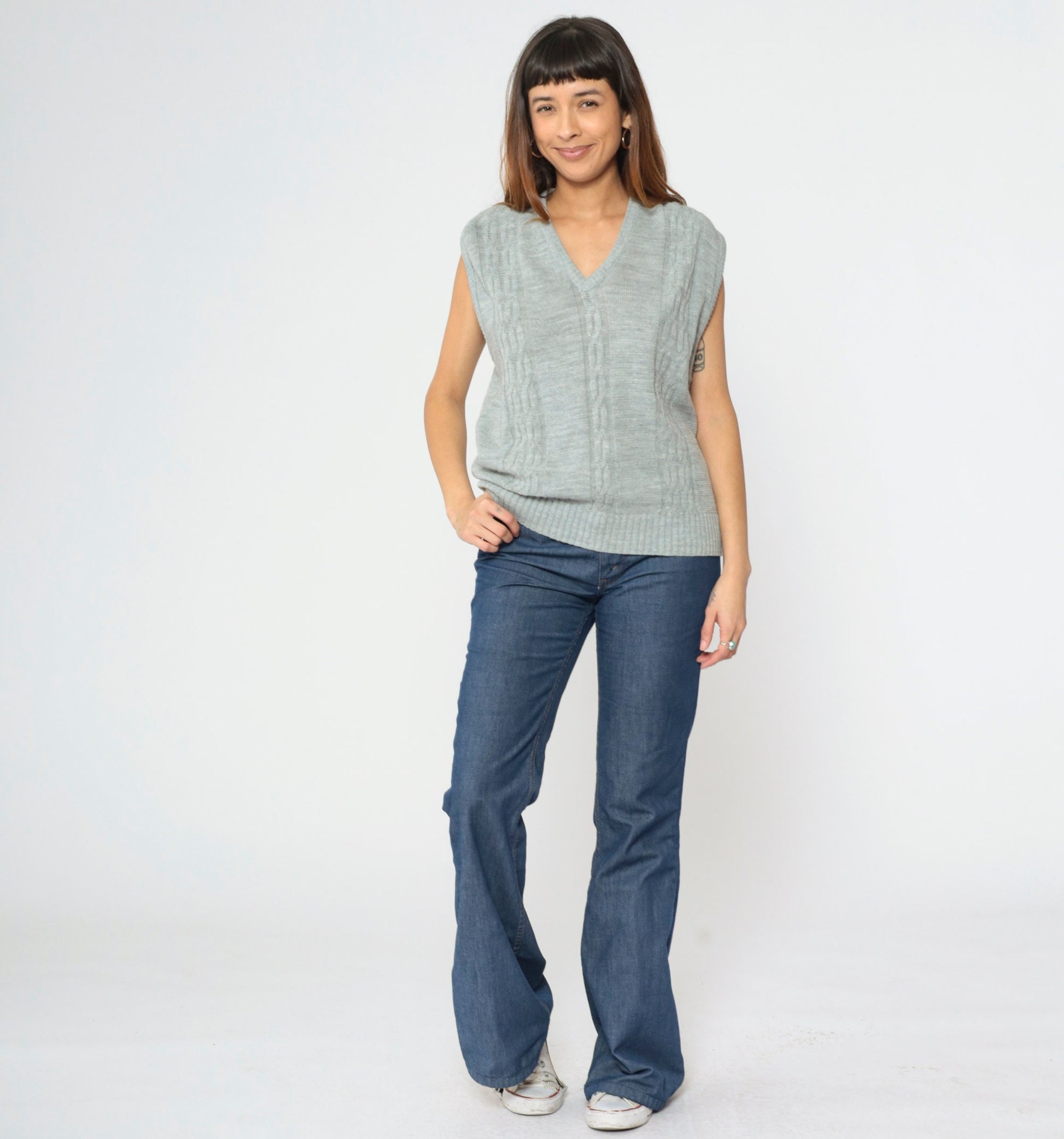 90s Steeplechase Cable Knit Vest Grey V-Neck Sleeveless Pullover Large L