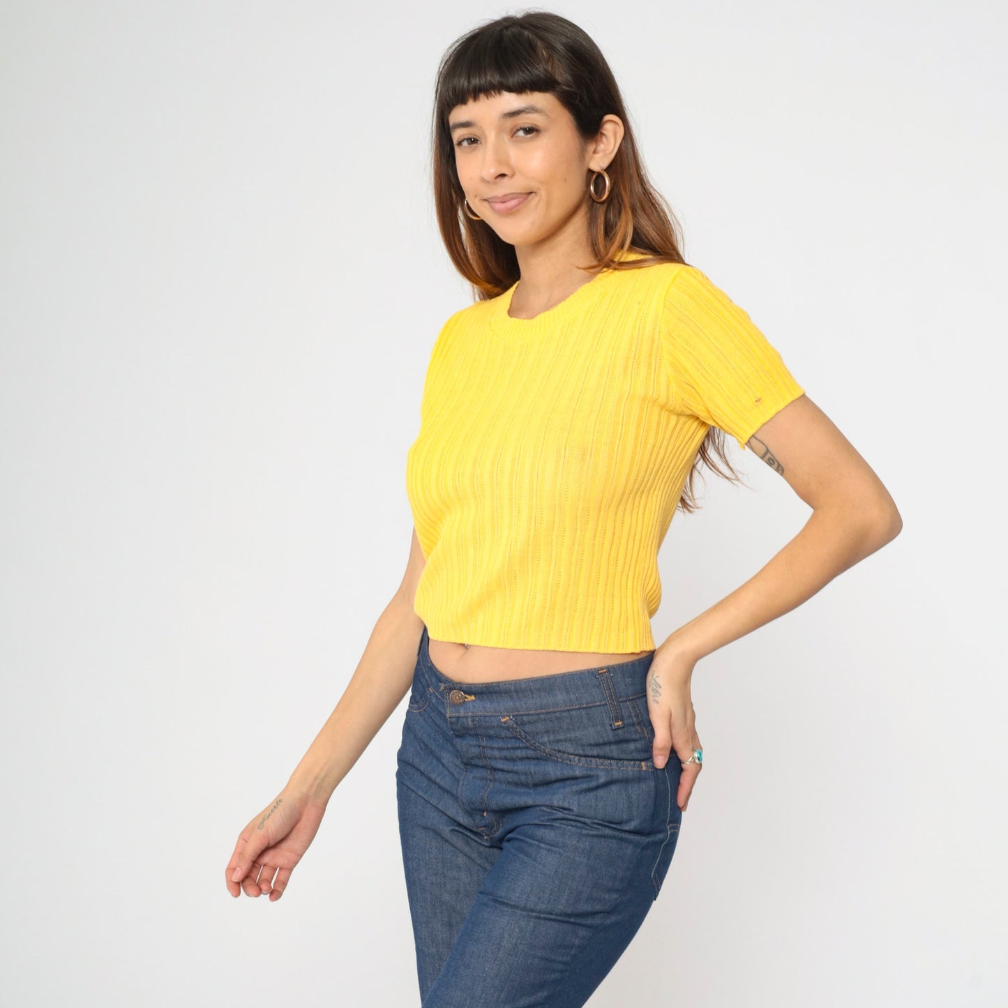 90s Yellow Cropped Ribbed Knit Sweater Short Sleeve Small S