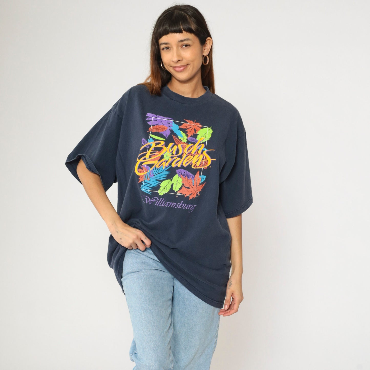 90s Busch Gardens Williamsburg Graphic Tee Navy Leaf Print Extra Large