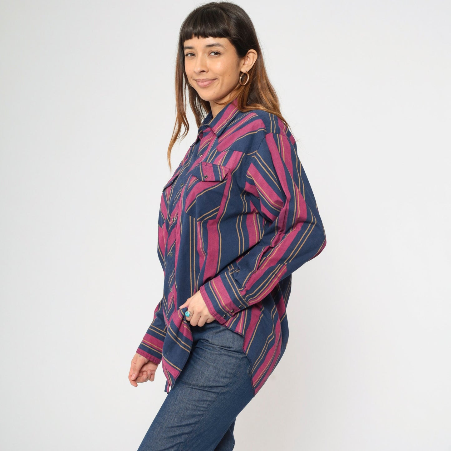 80s Rustler Western Shirt Pearl Snap Blue Fuchsia Striped X-Long Tails Extra Large