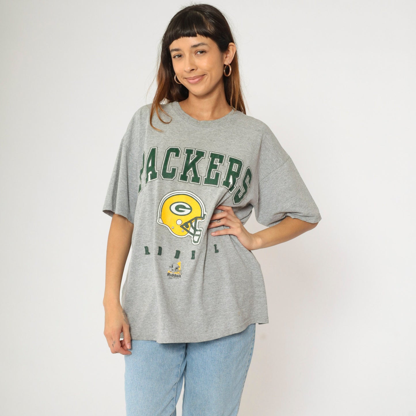 90s Green Bay Packers Riddell NFL Graphic T-Shirt Heather Grey Large L