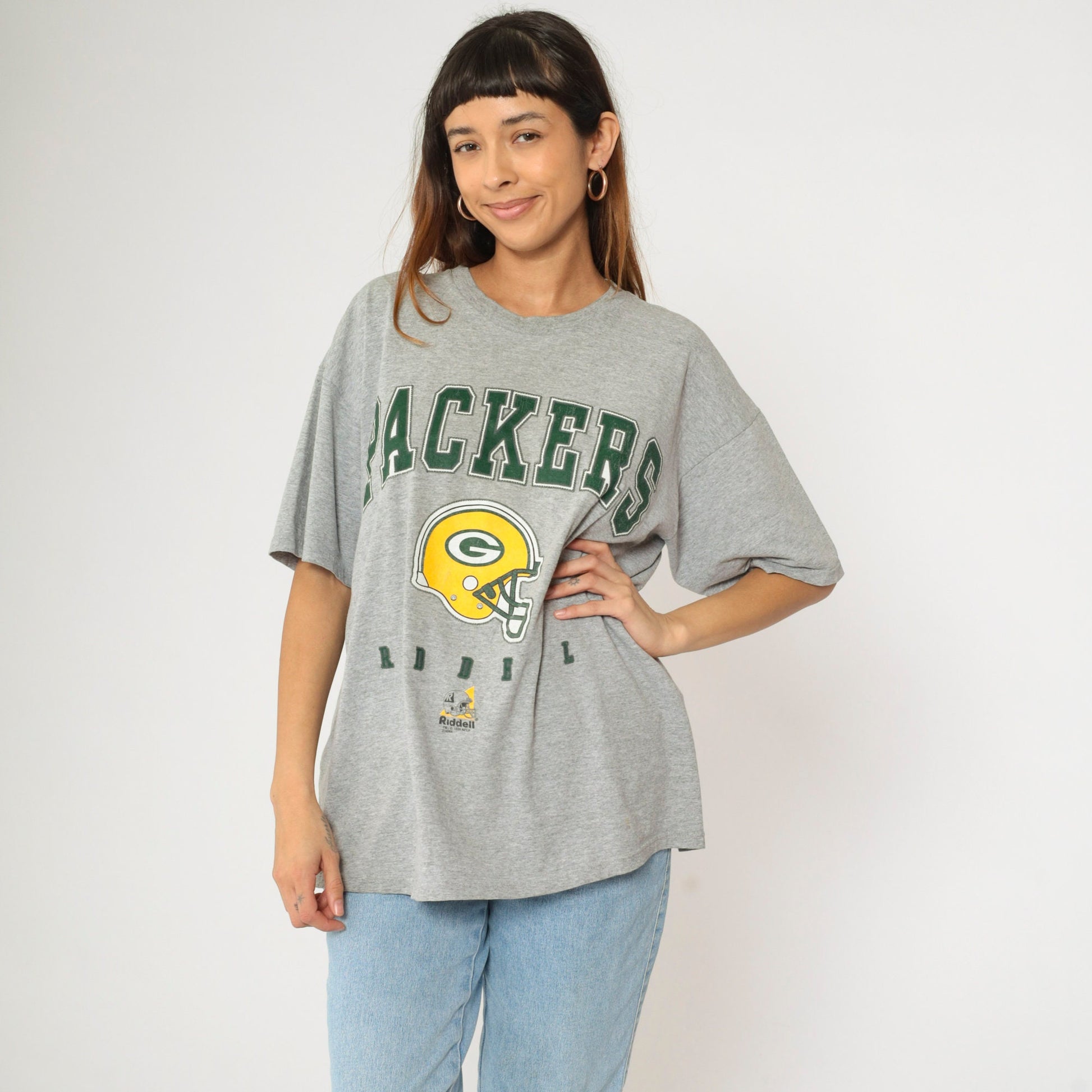 90s Green Bay Packers Riddell NFL Graphic T-Shirt Heather Grey Large L