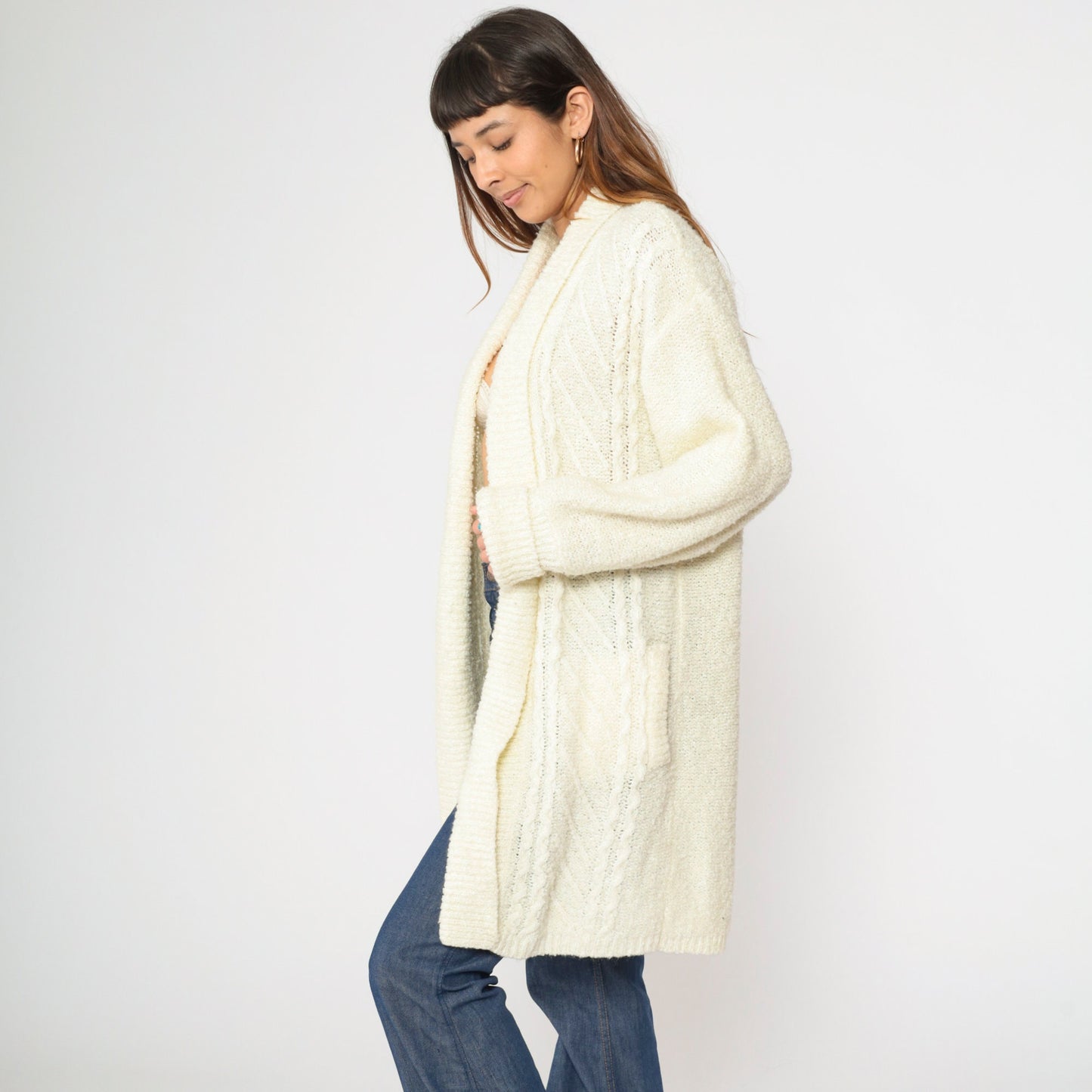 90s Cream Cardigan Open Front Longline Knit Sweater Medium