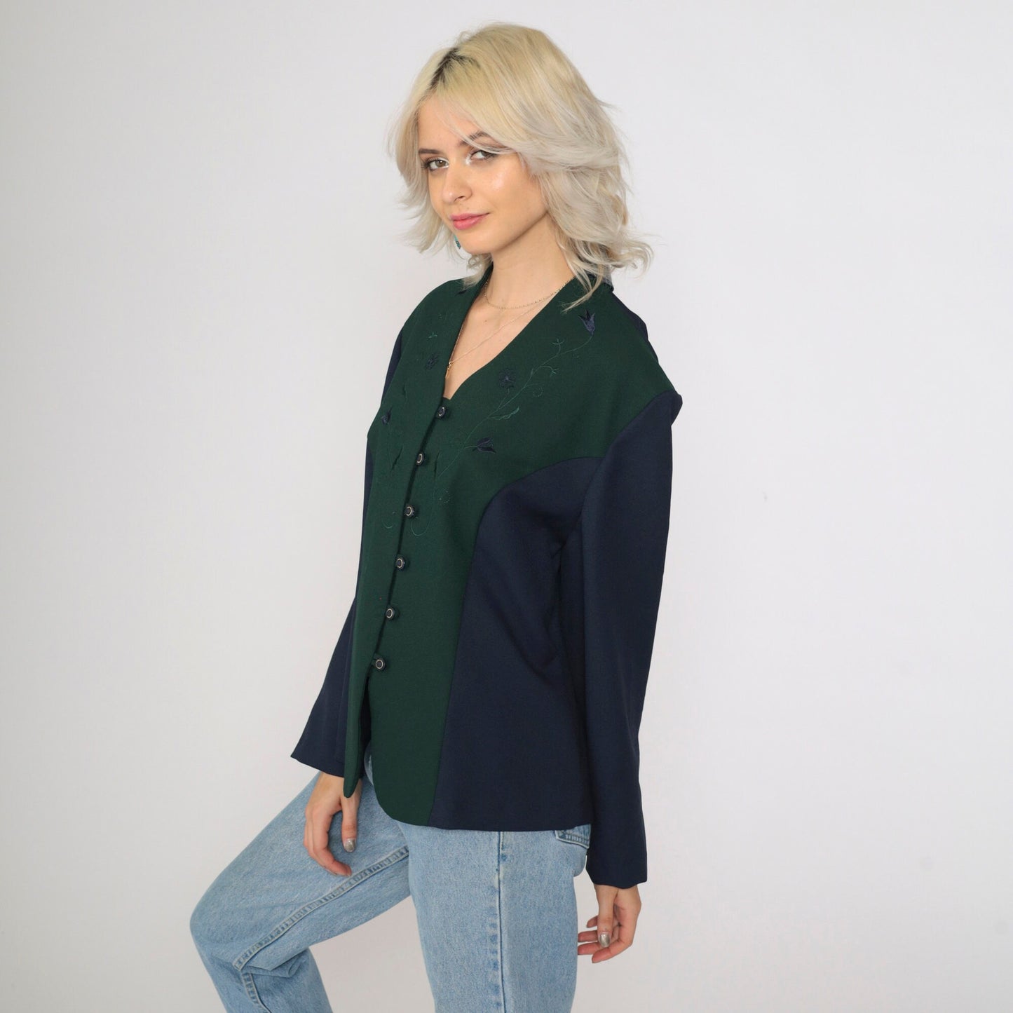 90s Pride & Joy Floral Embroidered Color Block Blouse Green Navy Large Petite