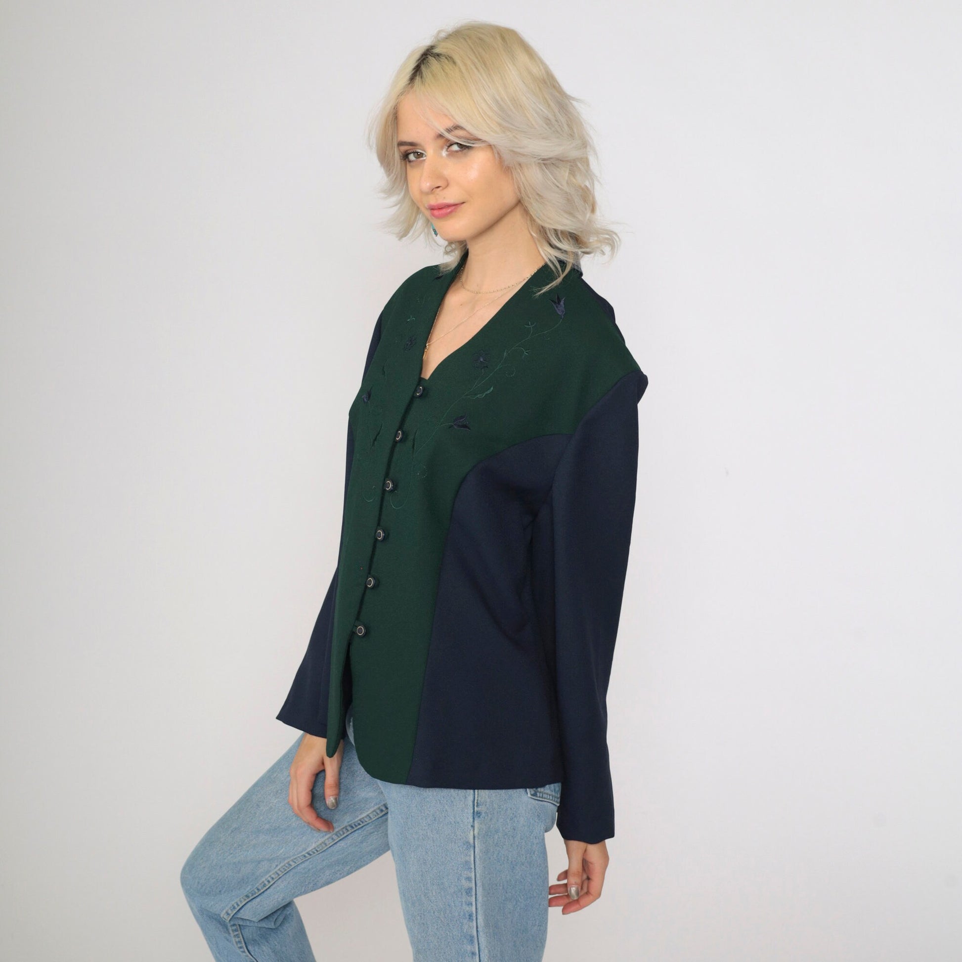 90s Pride & Joy Floral Embroidered Color Block Blouse Green Navy Large Petite