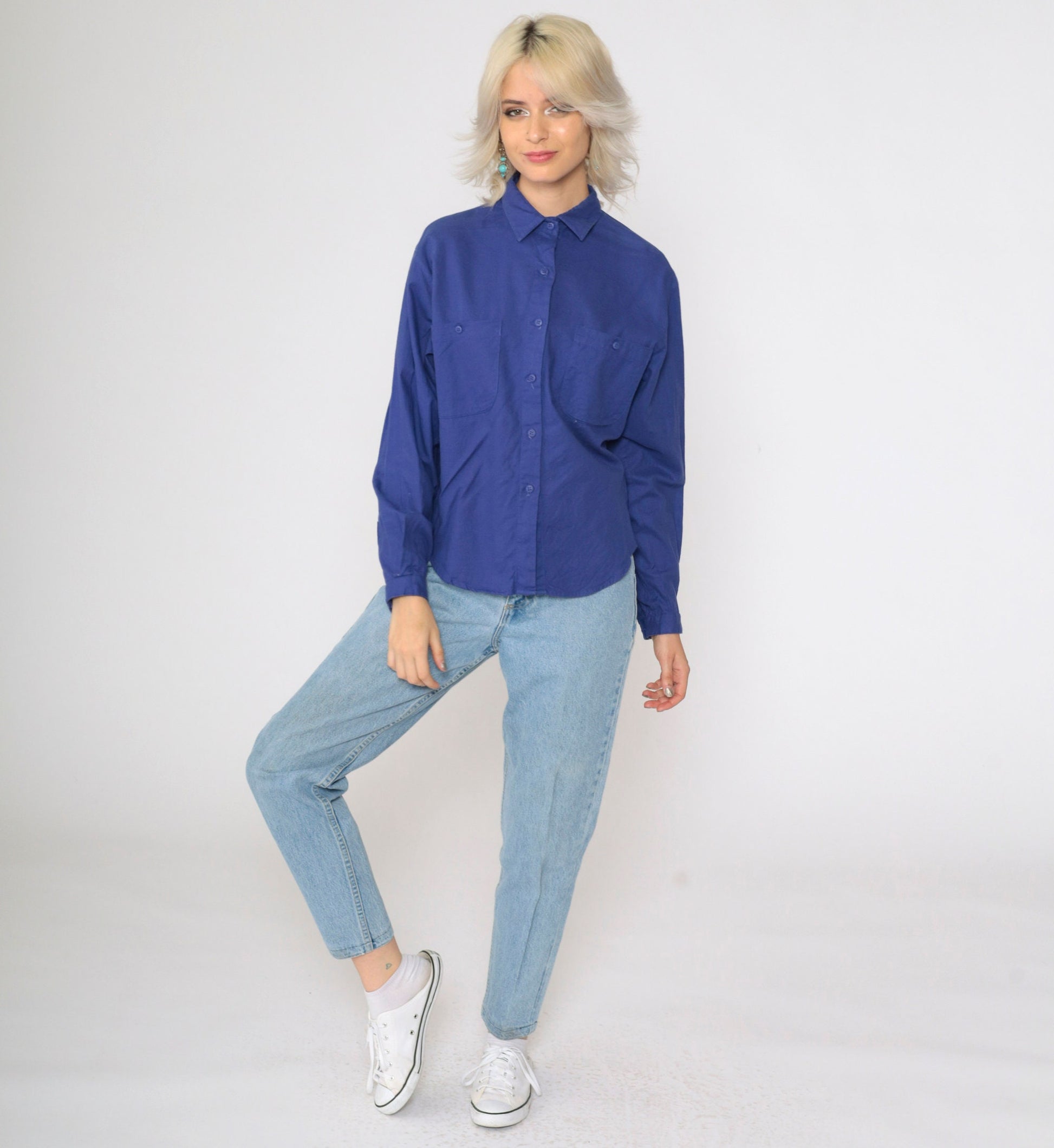 90s Blue Collared Blouse Cotton Button-Up Long Sleeve Chest Pocket Large