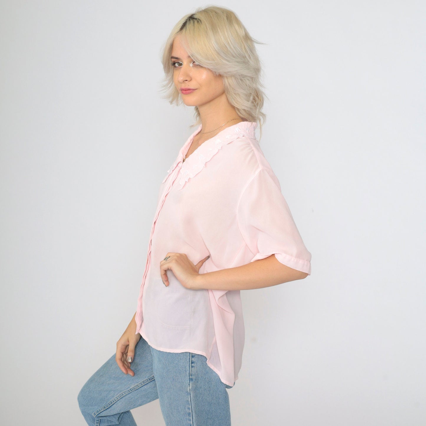 90s Sheer Pink Blouse Embroidered Collar Floral Button Up Short Sleeve Extra Large