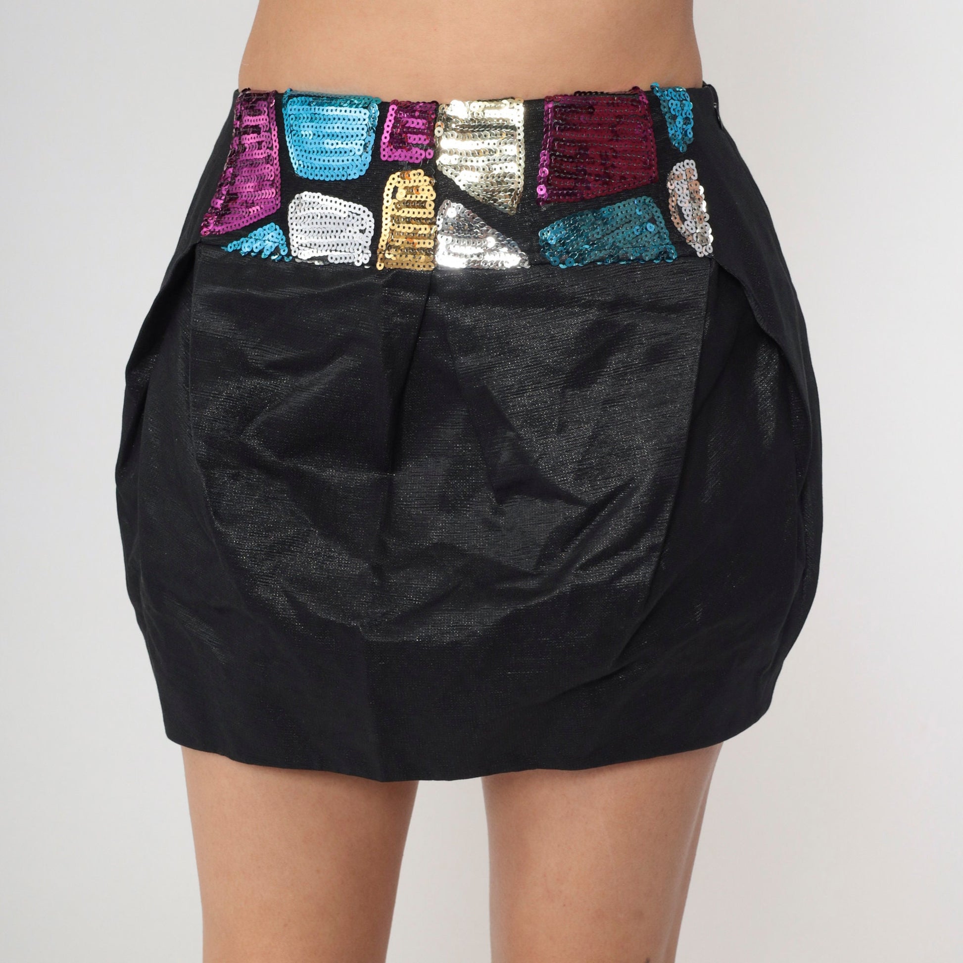 90s Black Sequin Mini Skirt High Waisted Pleated Bubble Skirt Small