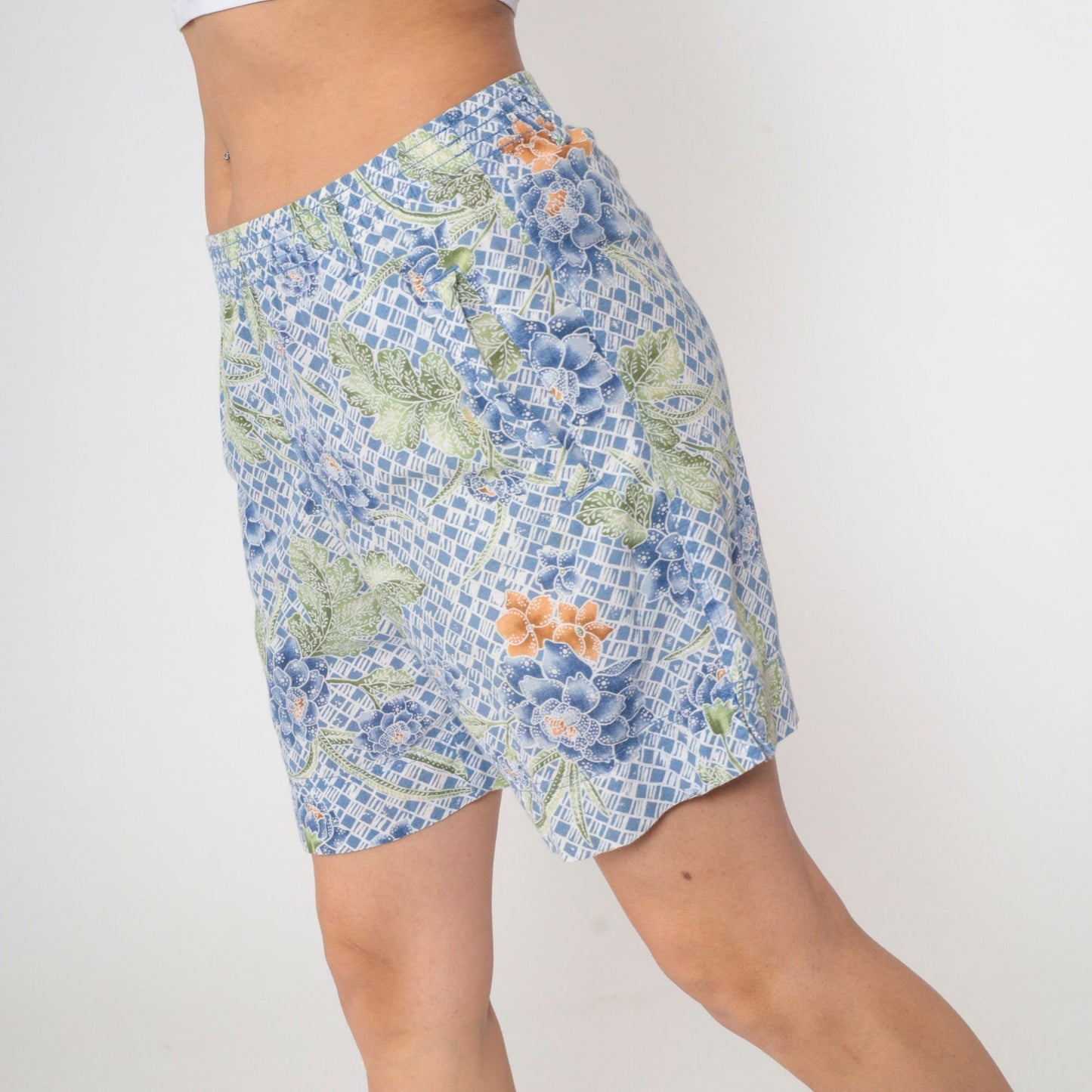 90s Lizwear Batik Floral Shorts Blue Cotton High Waist Small