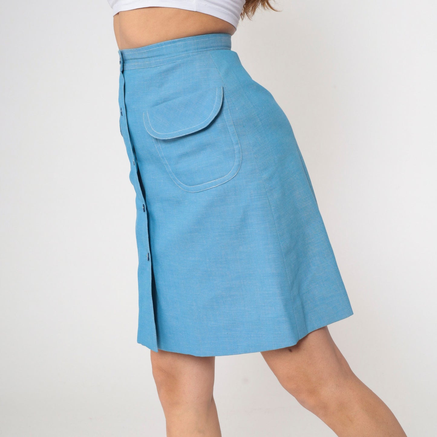 70s Blue Mini Skirt High Waist Button Front Patch Pockets Small