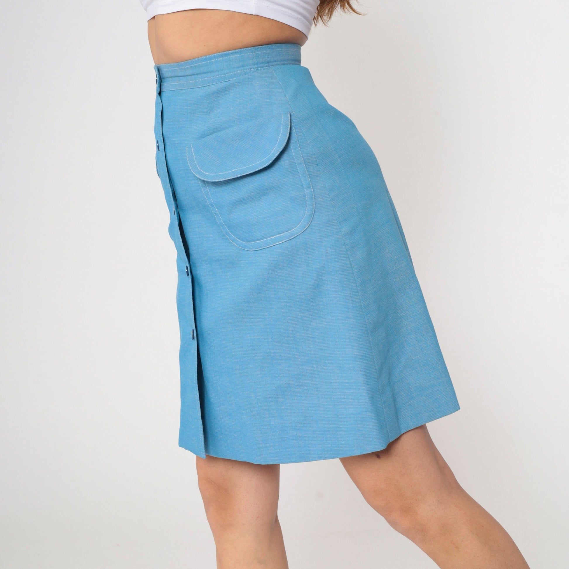 70s Blue Mini Skirt High Waist Button Front Patch Pockets Small