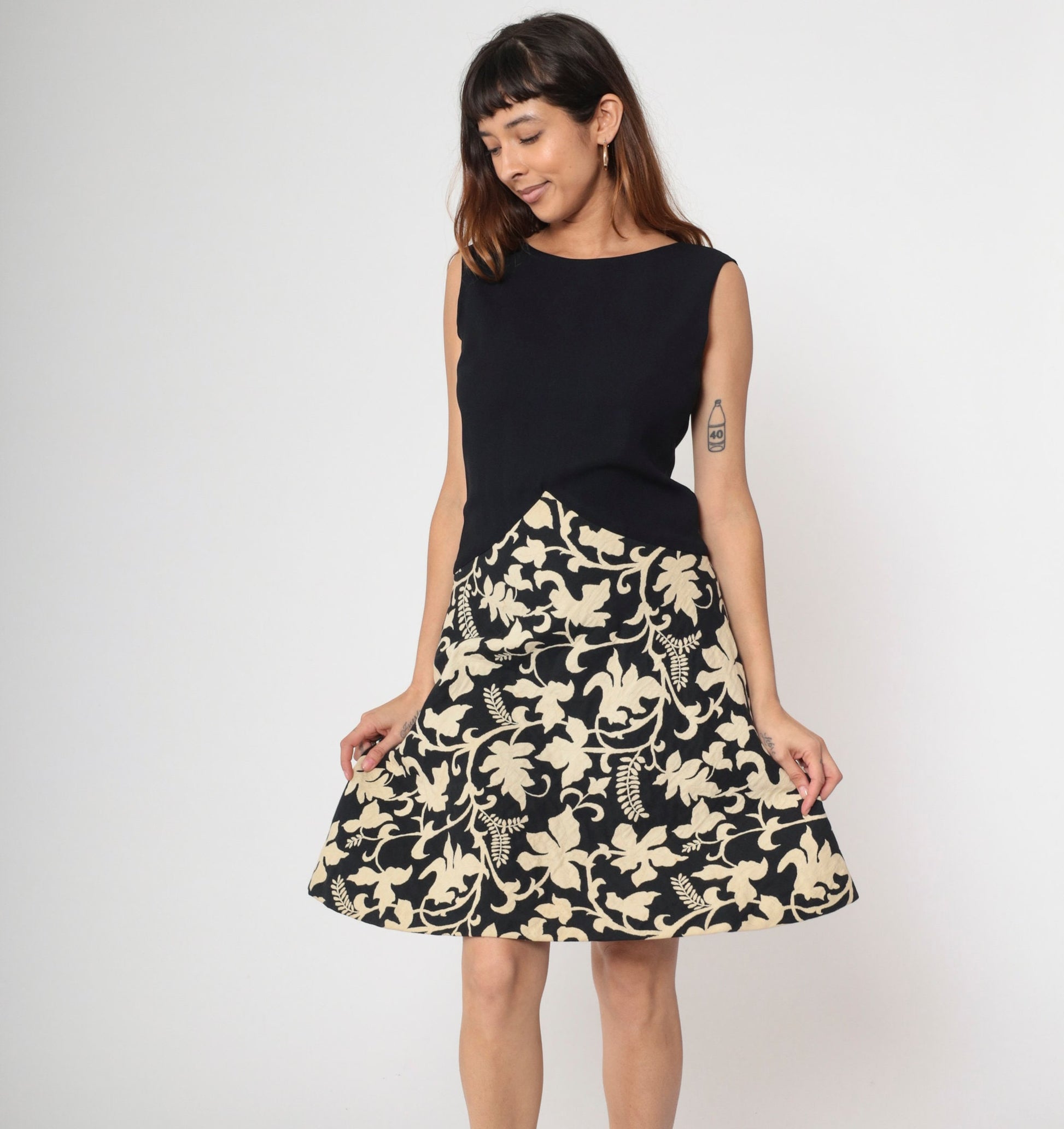 1960s Robinson's California Black Cream Floral Fit and Flare Dress V-Back Medium