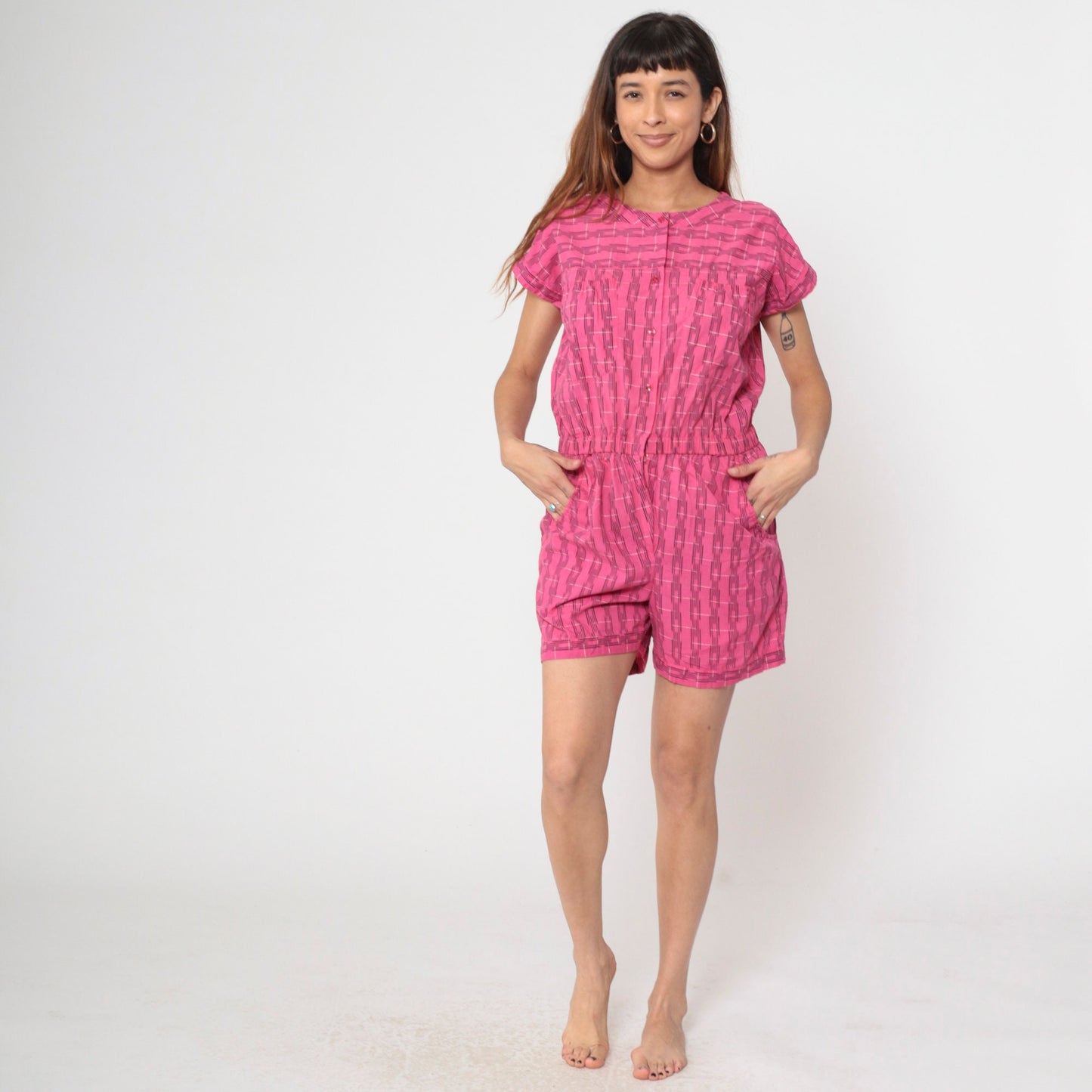 80s Bentley Pink Plaid Romper Button Front Short Sleeve Medium Large