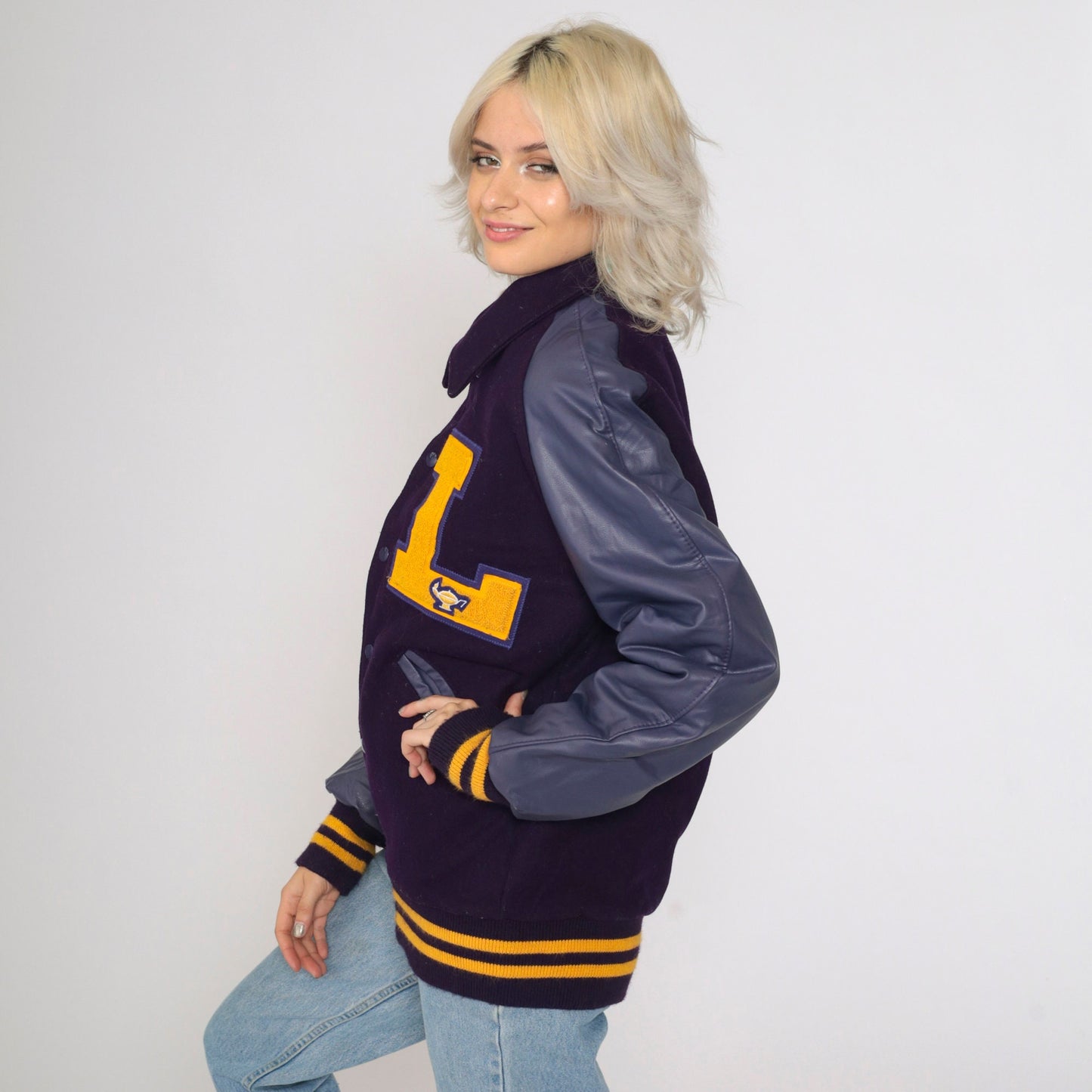 00s Neff Wool Varsity Jacket Purple Faux Leather Sleeves Magic Lamp Small