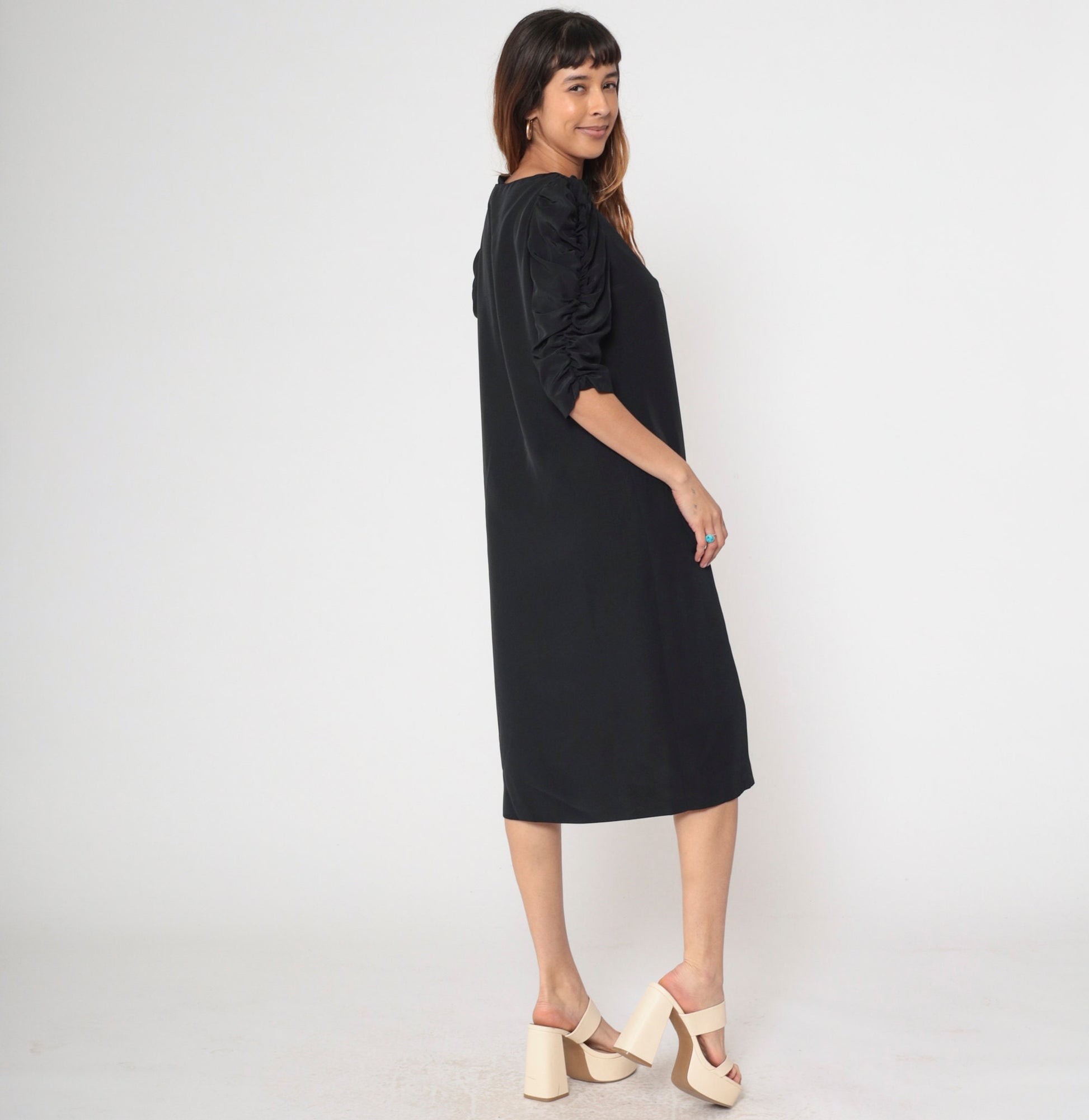 80s Black Puff Sleeve Shift Dress Midi Ruched Boatneck Medium