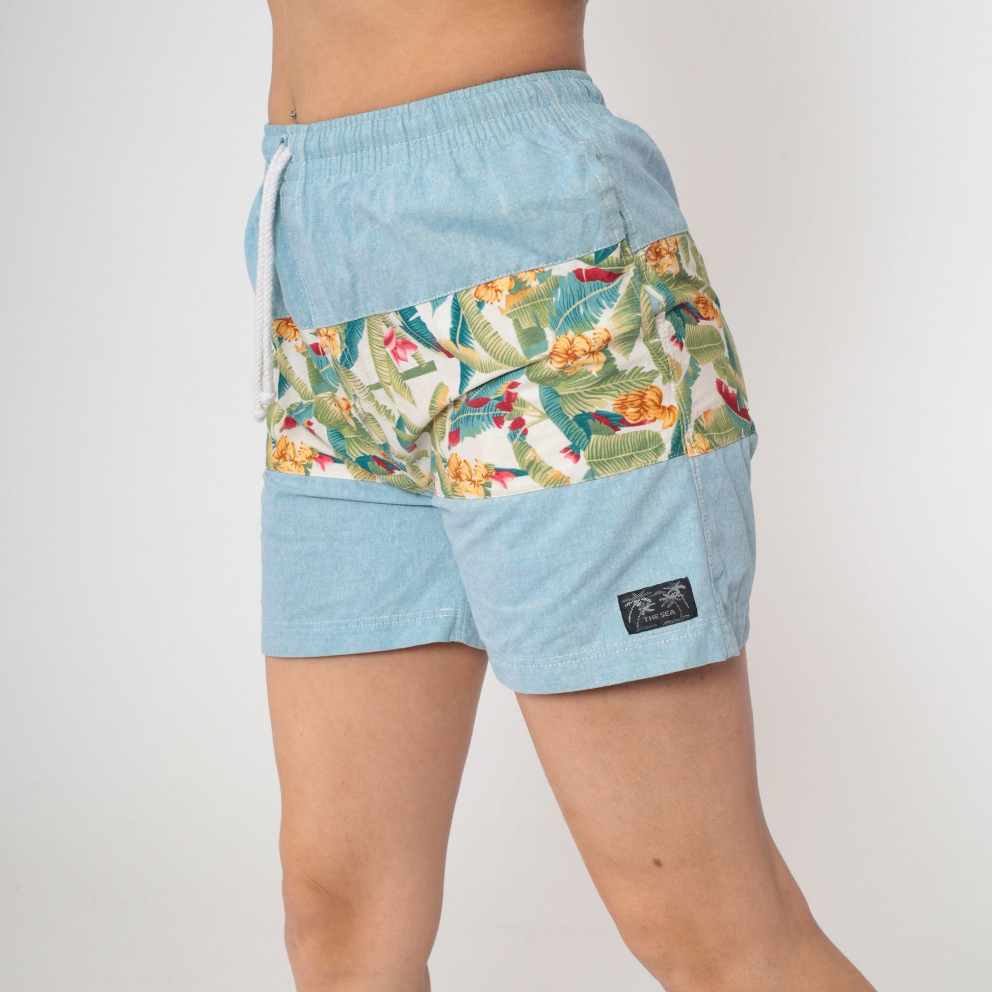 Y2K Tropical Banana Leaf Beach Shorts Blue Chambray Drawstring Small