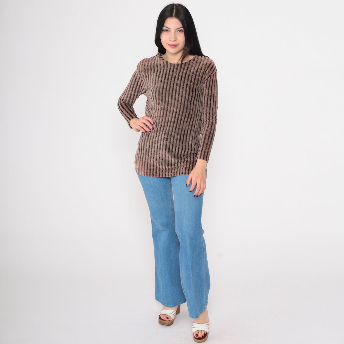 90s Brown Striped Velour Blouse Scoop Neck Long Sleeve Small