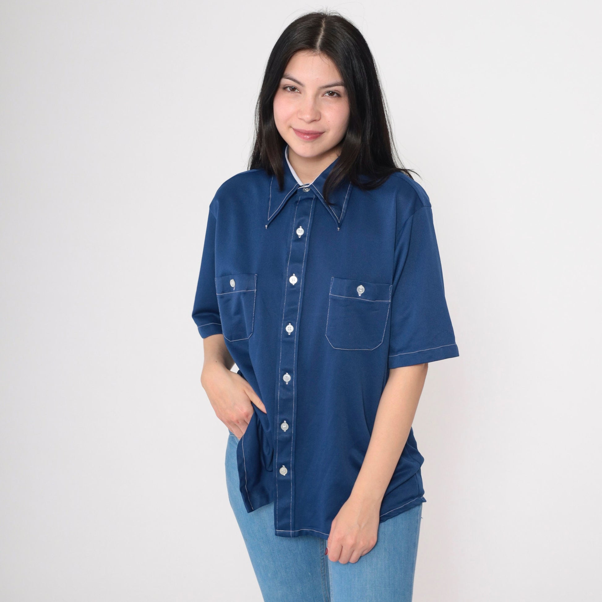 70s Arrow Doubler Navy Oxford Button-Up Shirt Dagger Collar Short Sleeve Large