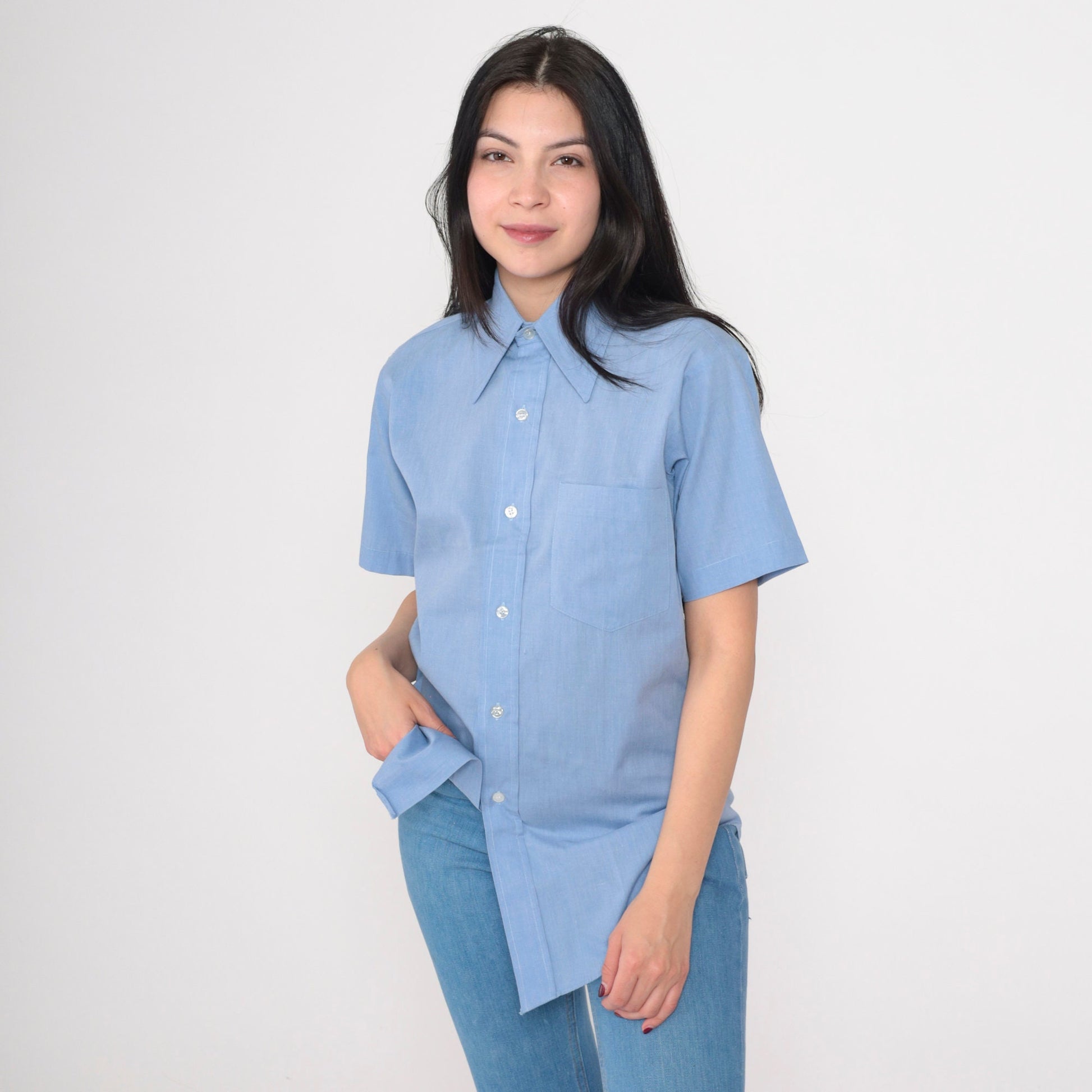 70s Fleetline Chambray Button-Up Shirt Blue Dagger Collar Short Sleeve Small